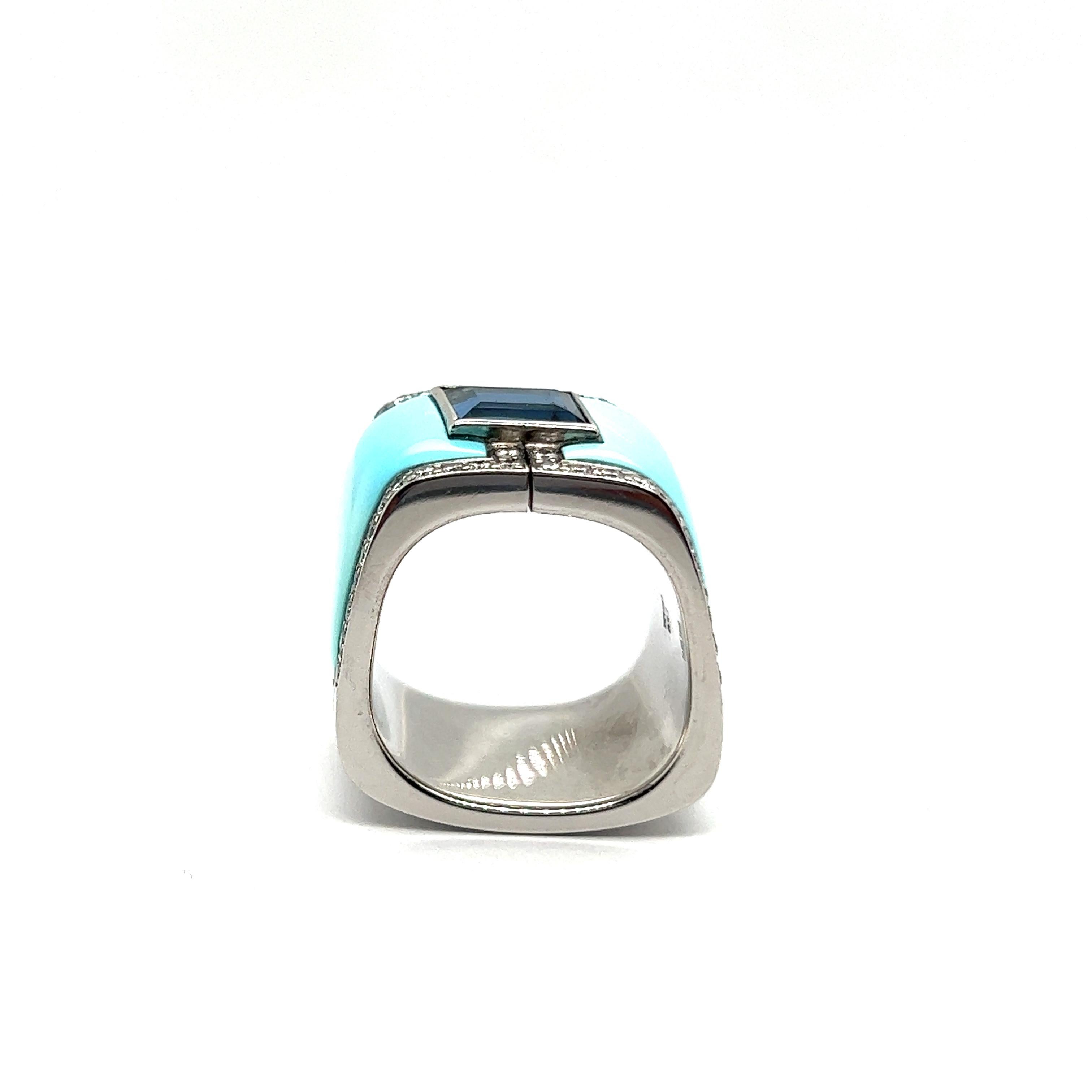 Avant-garde Ring with Sapphire, Turquoise & Diamonds in White Gold by Binder  For Sale 7
