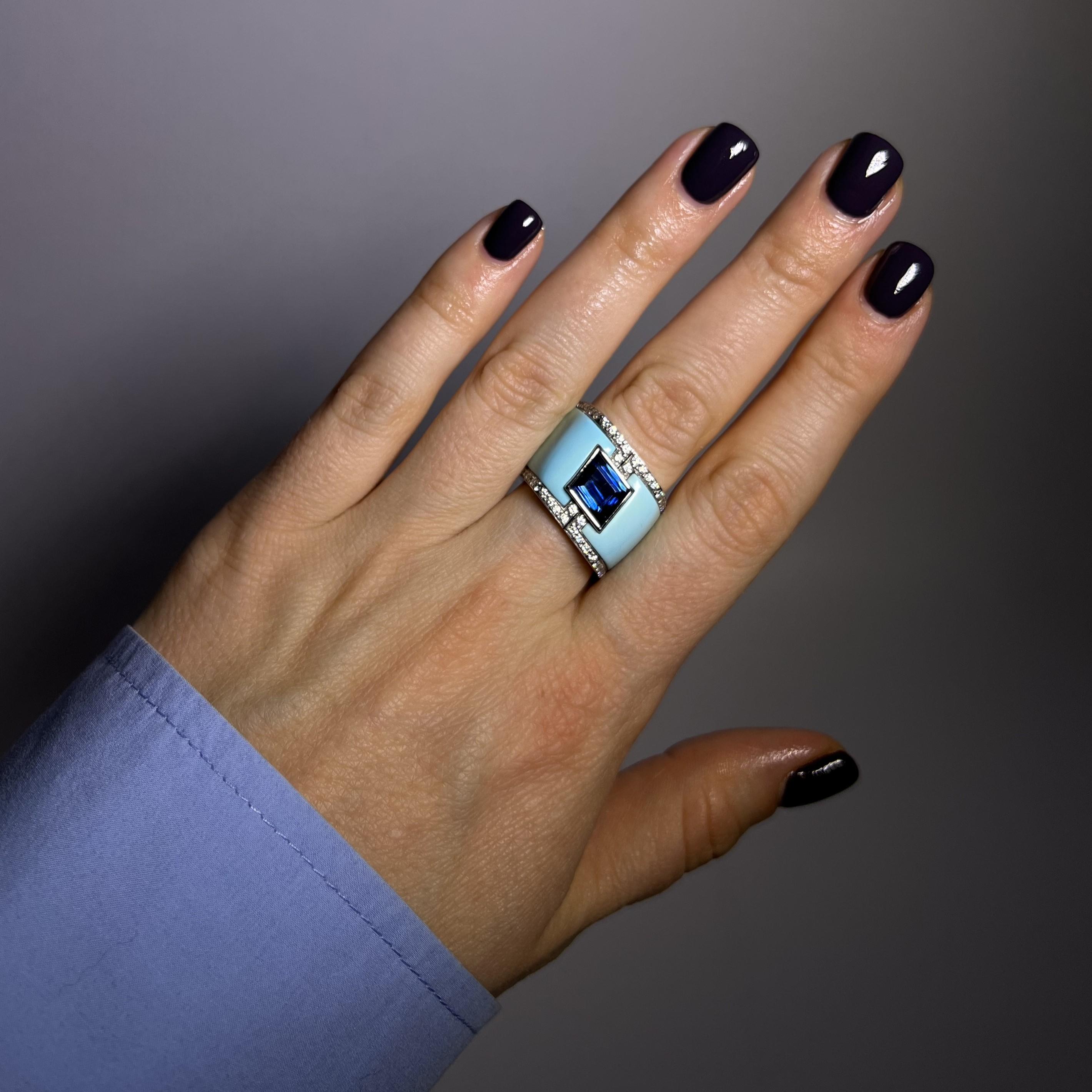 Artist Avant-garde Ring with Sapphire, Turquoise & Diamonds in White Gold by Binder  For Sale