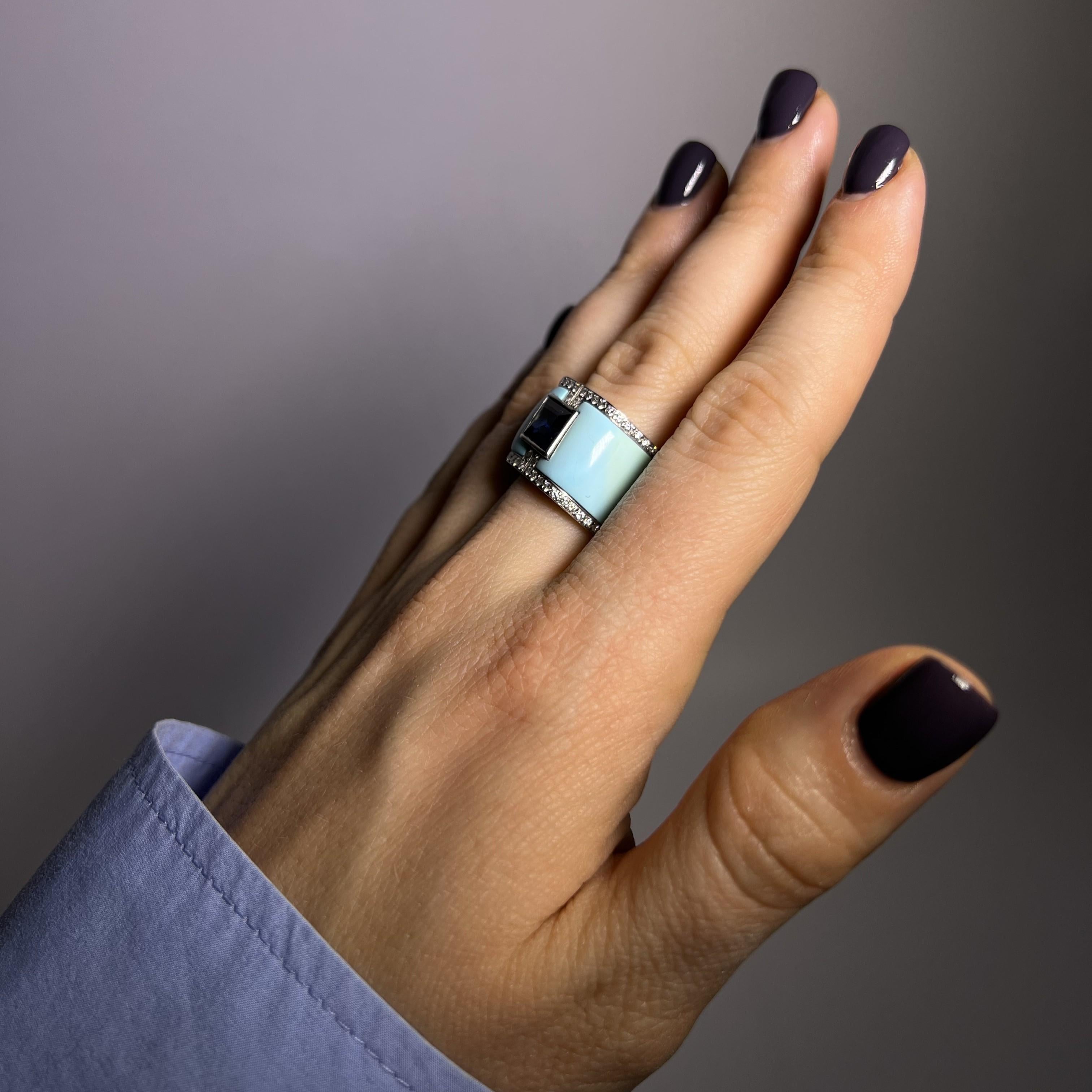Avant-garde Ring with Sapphire, Turquoise & Diamonds in White Gold by Binder  In Good Condition For Sale In Lucerne, CH