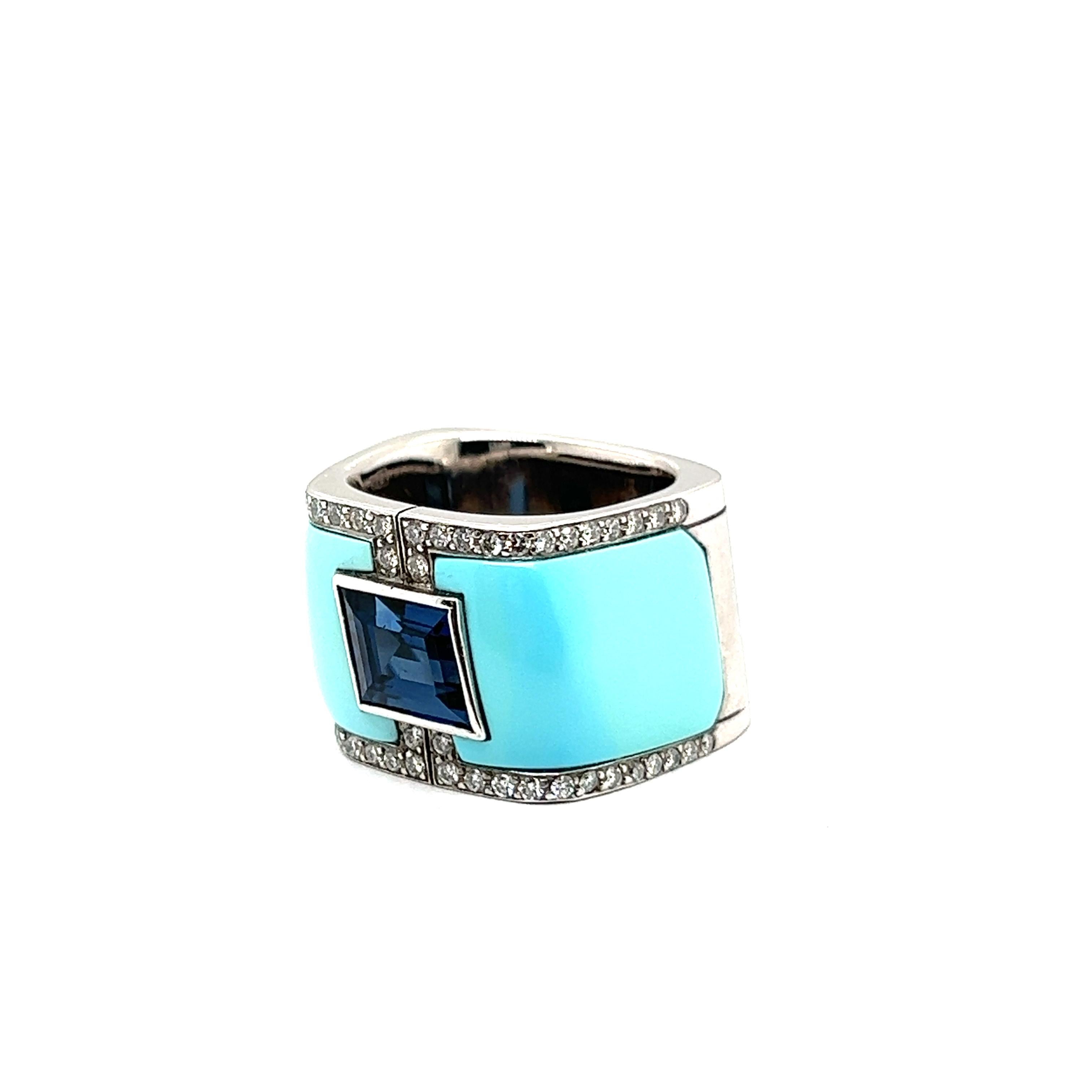 Women's or Men's Avant-garde Ring with Sapphire, Turquoise & Diamonds in White Gold by Binder  For Sale
