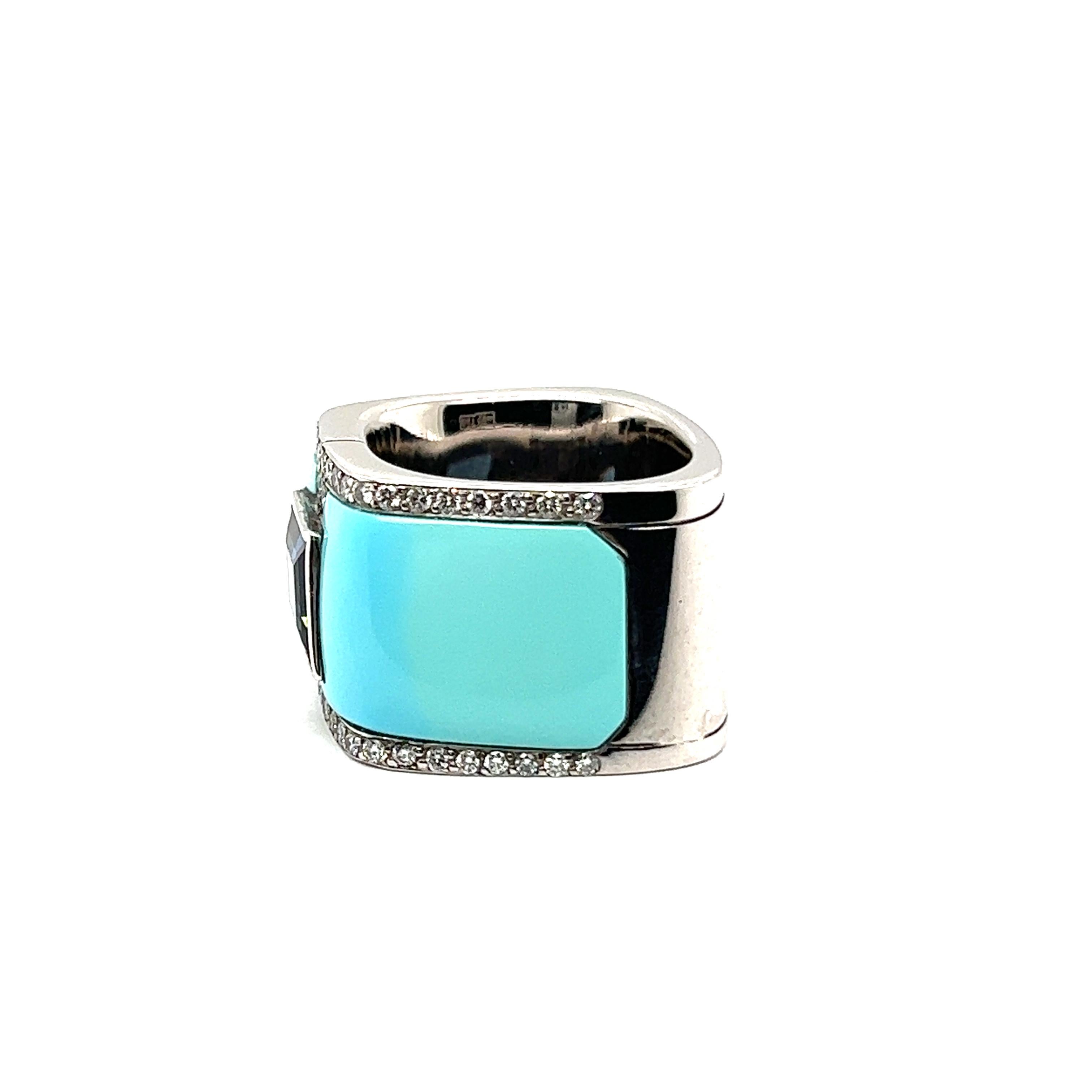 Avant-garde Ring with Sapphire, Turquoise & Diamonds in White Gold by Binder  For Sale 1