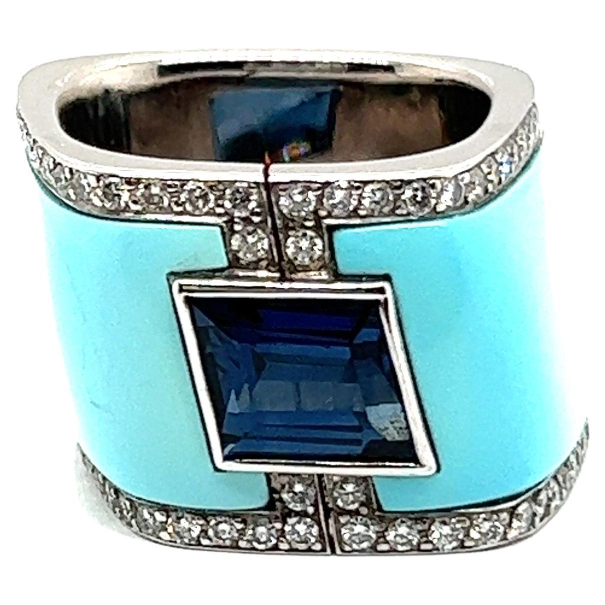 Avant-garde Ring with Sapphire, Turquoise & Diamonds in White Gold by Binder  For Sale