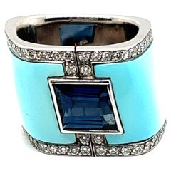 Vintage Avant-garde Ring with Sapphire, Turquoise & Diamonds in White Gold by Binder 