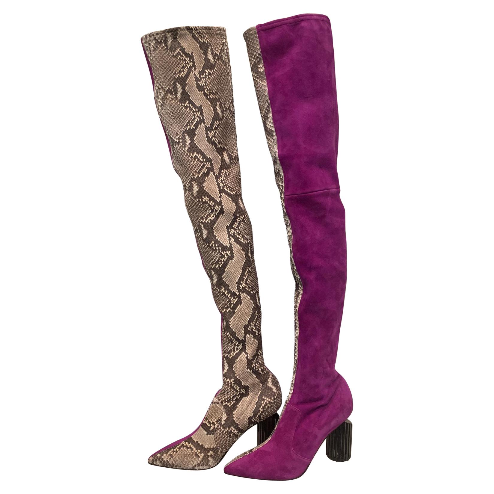 Avant Garde Roberto Cavalli Magenta Suede Two Tone Thigh High Boots Size 41 For Sale