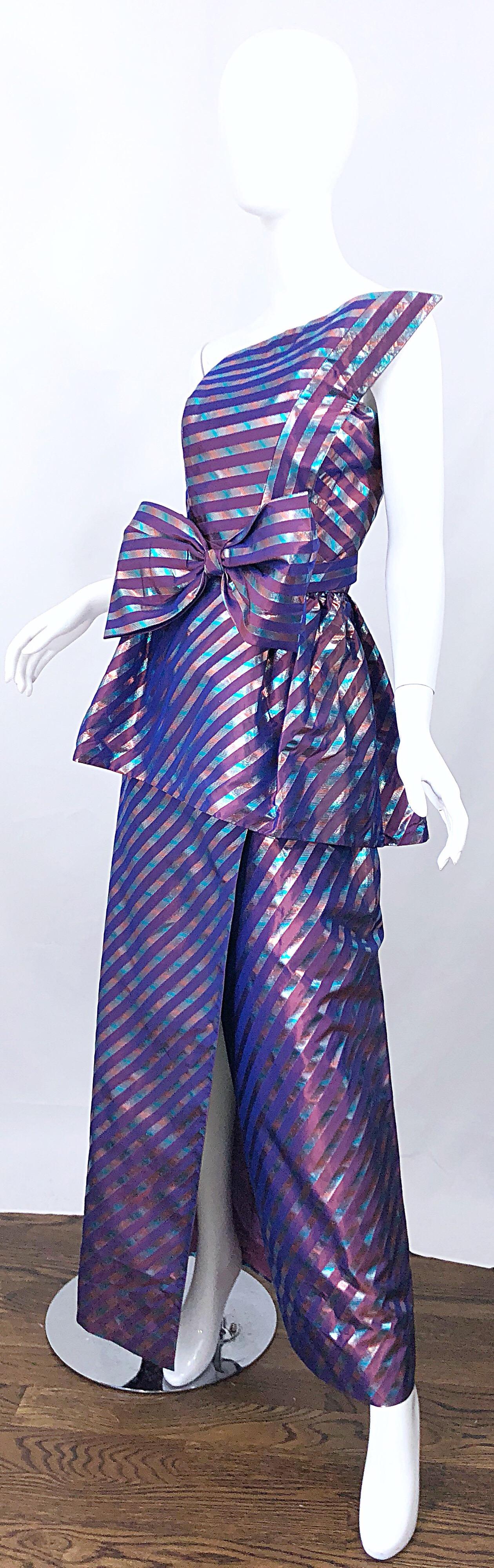 Avant Garde Ruben Parnis 1980s Sz 8 / 10 Vintage One Shoulder Prurple Silk Gown For Sale 4