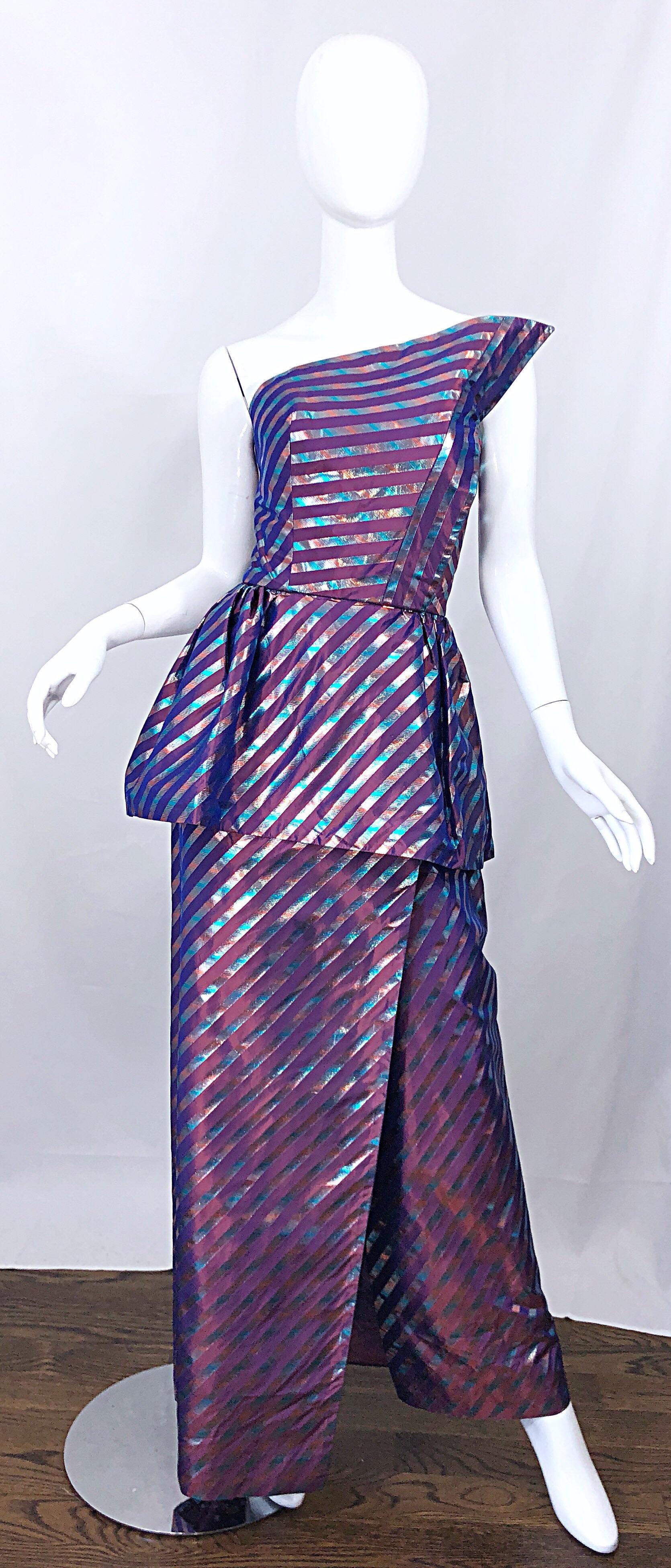 Avant Garde Ruben Parnis 1980s Sz 8 / 10 Vintage One Shoulder Prurple Silk Gown For Sale 7