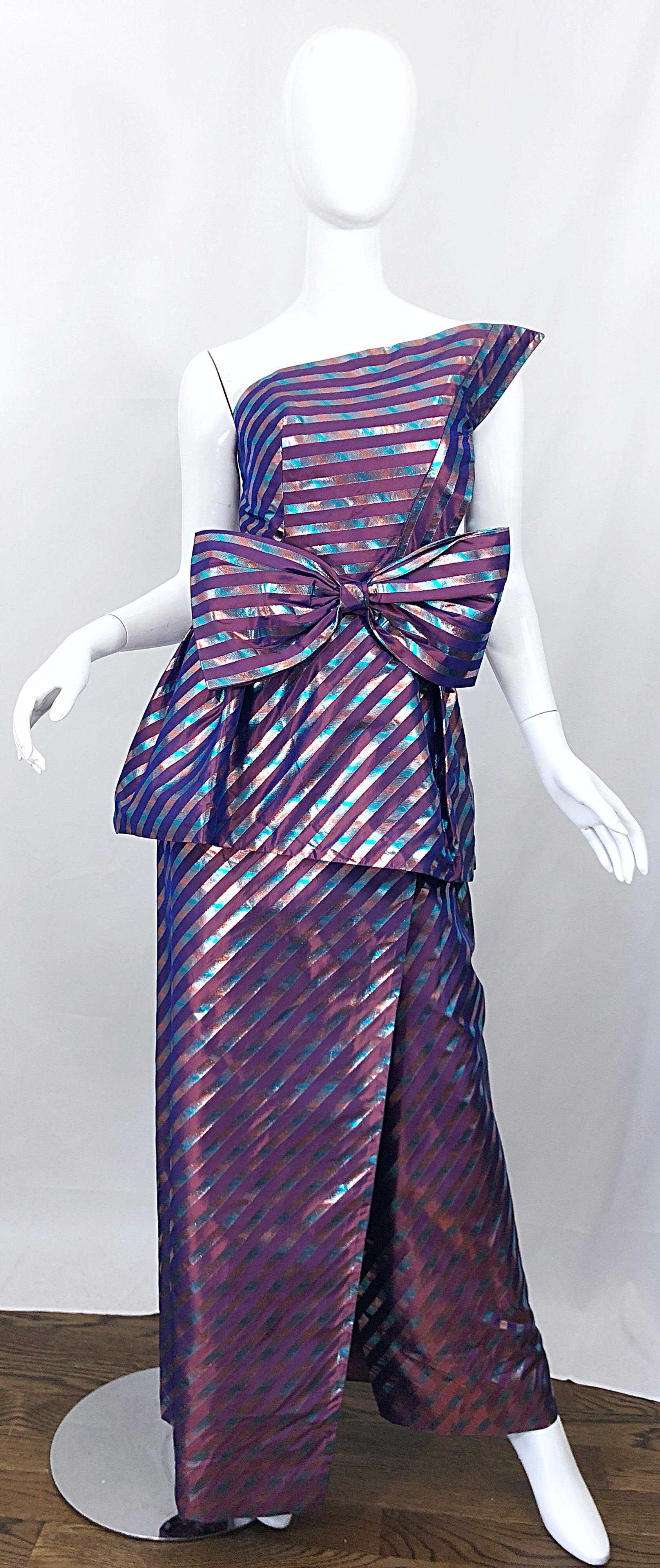 Avant Garde Ruben Parnis 1980s Sz 8 / 10 Vintage One Shoulder Prurple Silk Gown For Sale 10