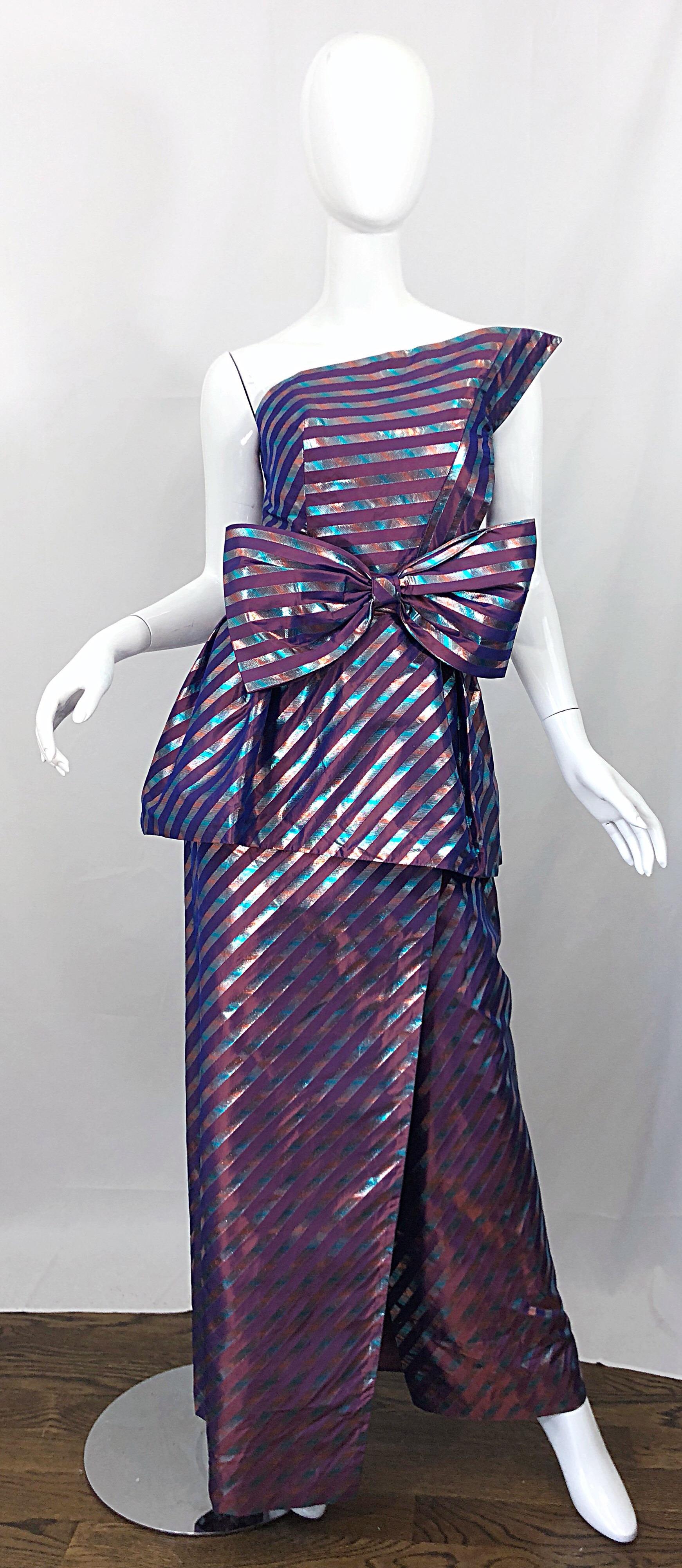 Avant Garde Ruben Parnis 1980s Sz 8 / 10 Vintage One Shoulder Prurple Silk Gown For Sale 11