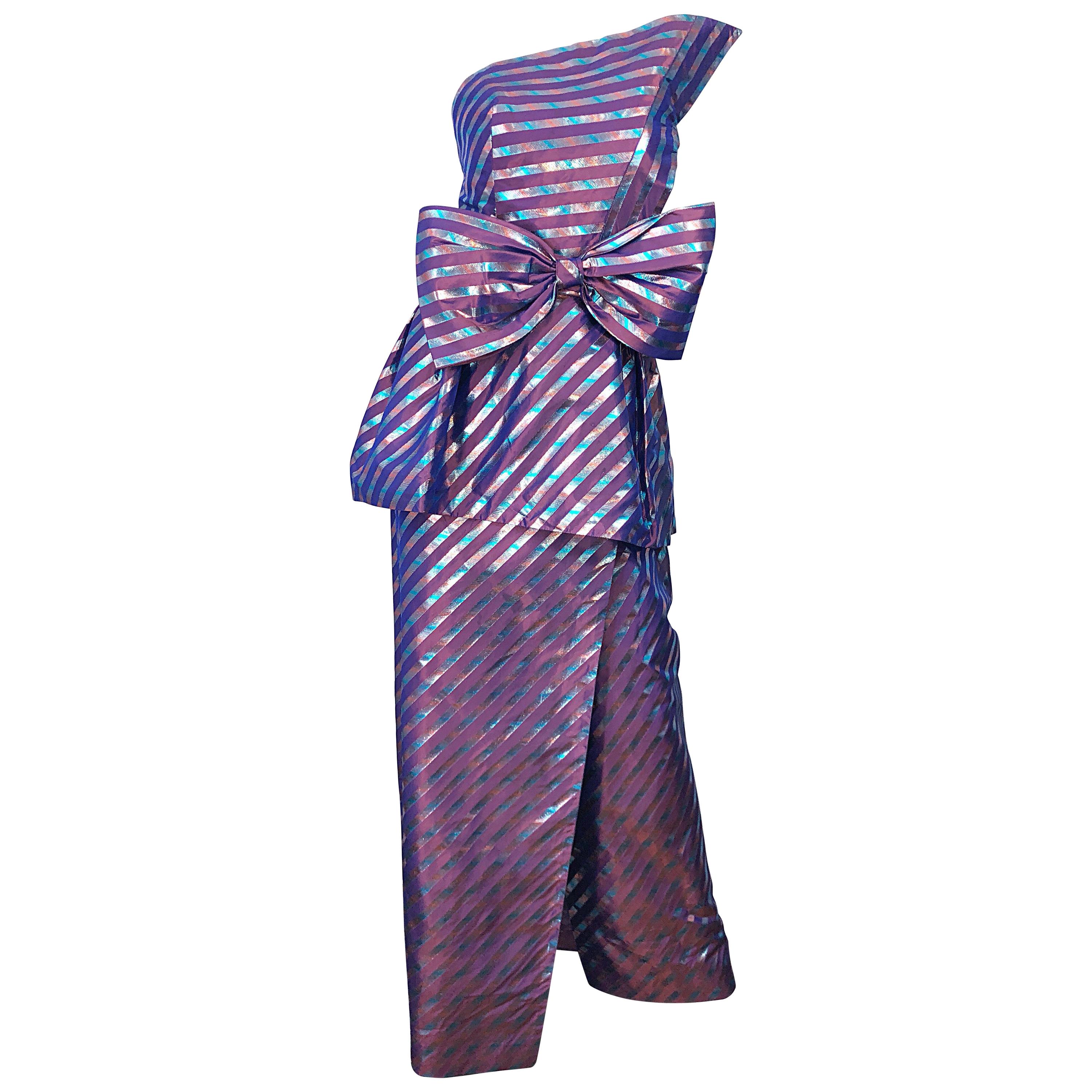 Avant Garde Ruben Parnis 1980s Sz 8 / 10 Vintage One Shoulder Prurple Silk Gown For Sale