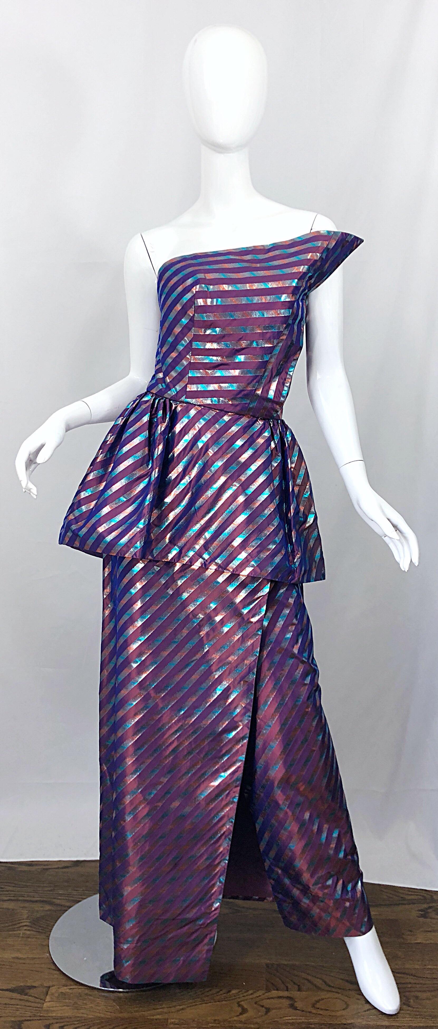 Gray Avant Garde Ruben Parnis 1980s Sz 8 Vintage One Shoulder Prurple Silk Gown For Sale