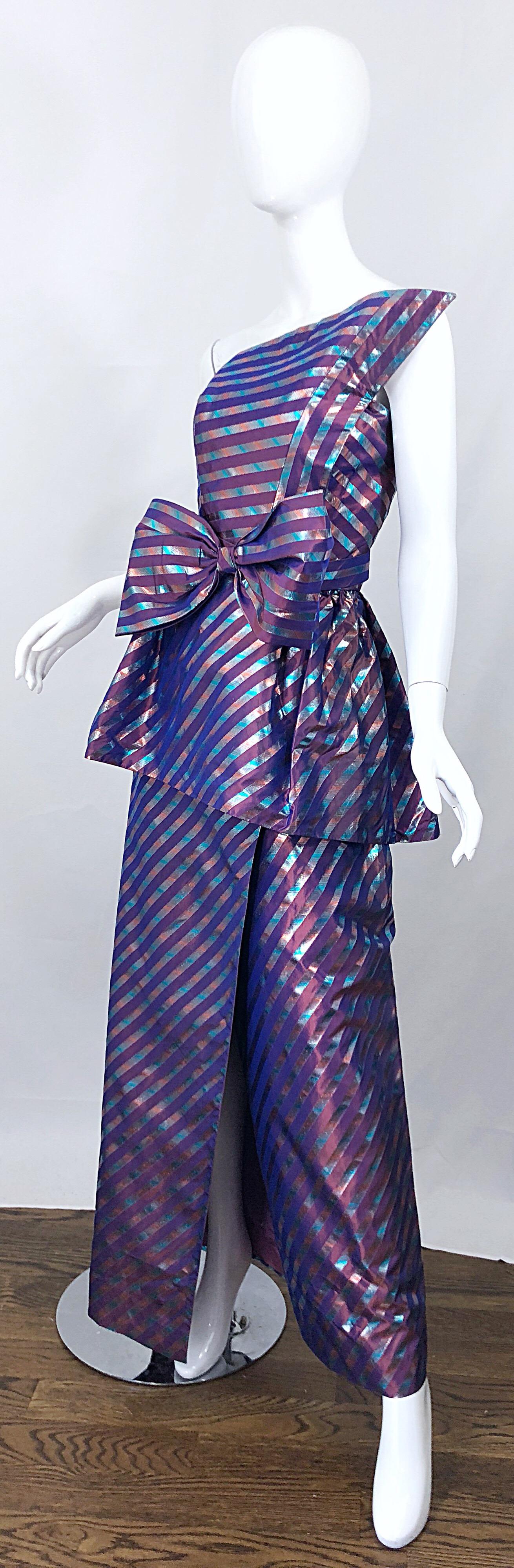 Women's Avant Garde Ruben Parnis 1980s Sz 8 Vintage One Shoulder Prurple Silk Gown For Sale