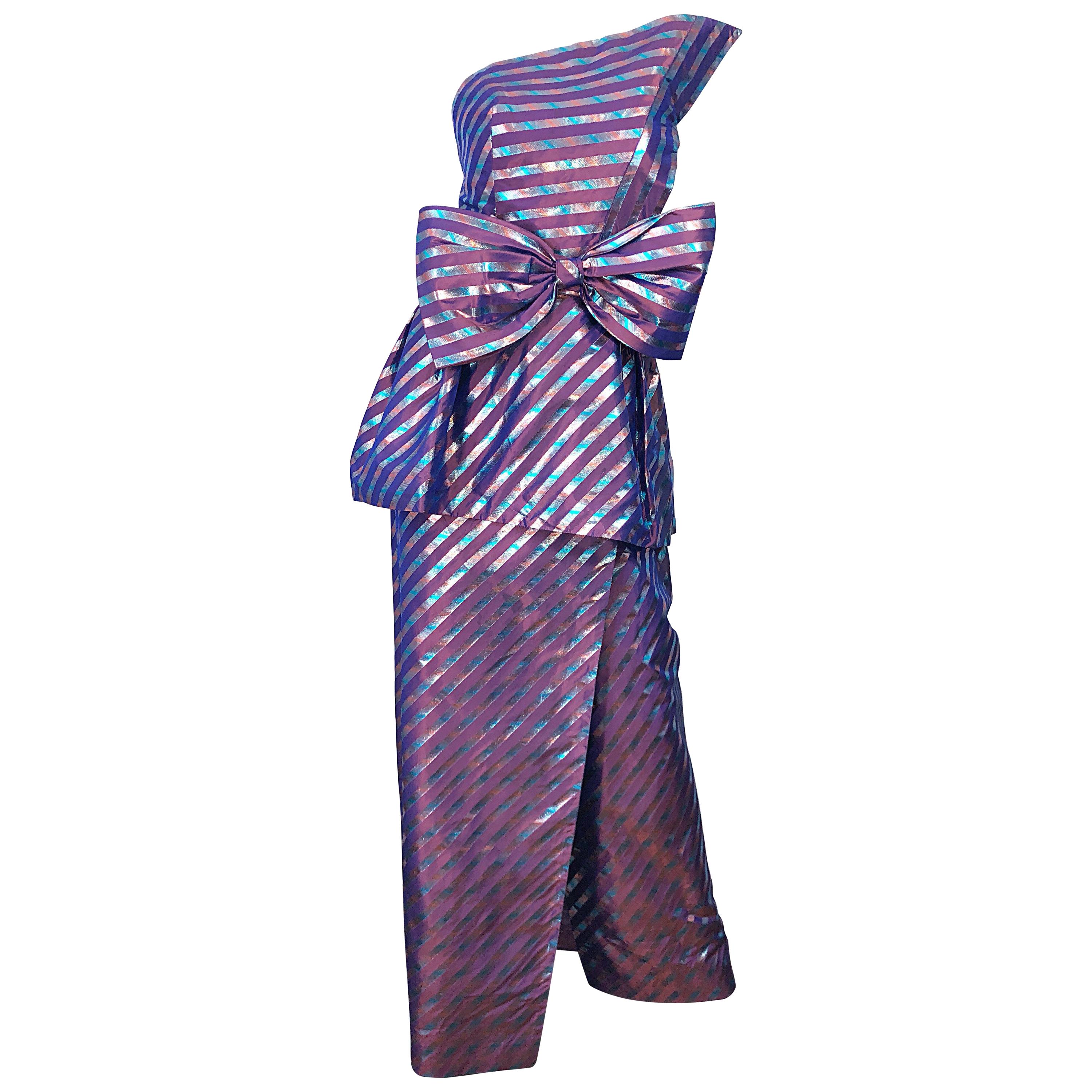 Avant Garde Ruben Parnis 1980s Sz 8 Vintage One Shoulder Prurple Silk Gown For Sale