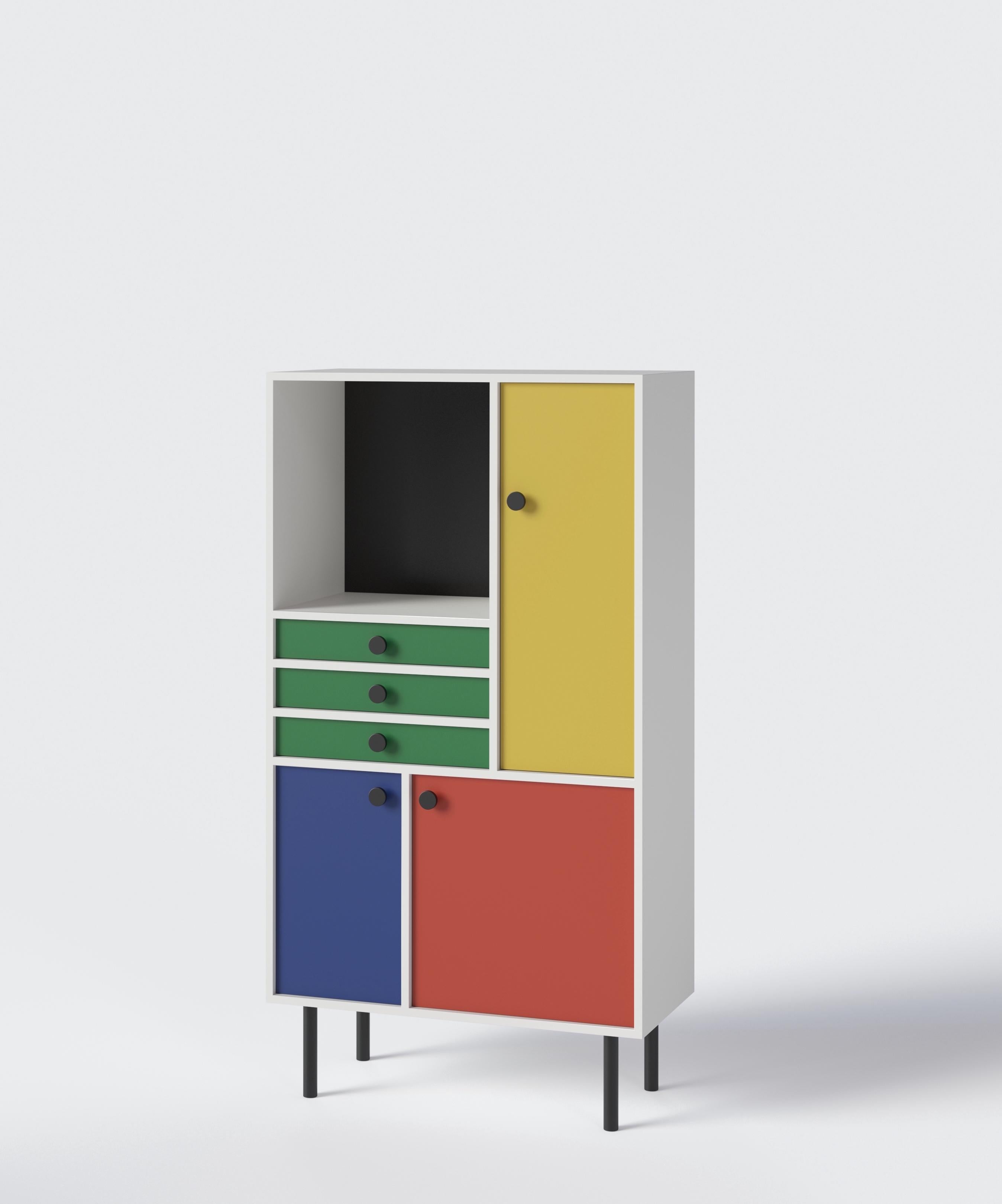 Geometric and Minimalist storage cabinet by Russian designer Dmitry Samygin. Inspired by Bauhaus style. 

High version (141cm)
Or
Low version (97cm)

Plywood
Measures: 146 x 81.6 x 39.5 cm

Choose your color!