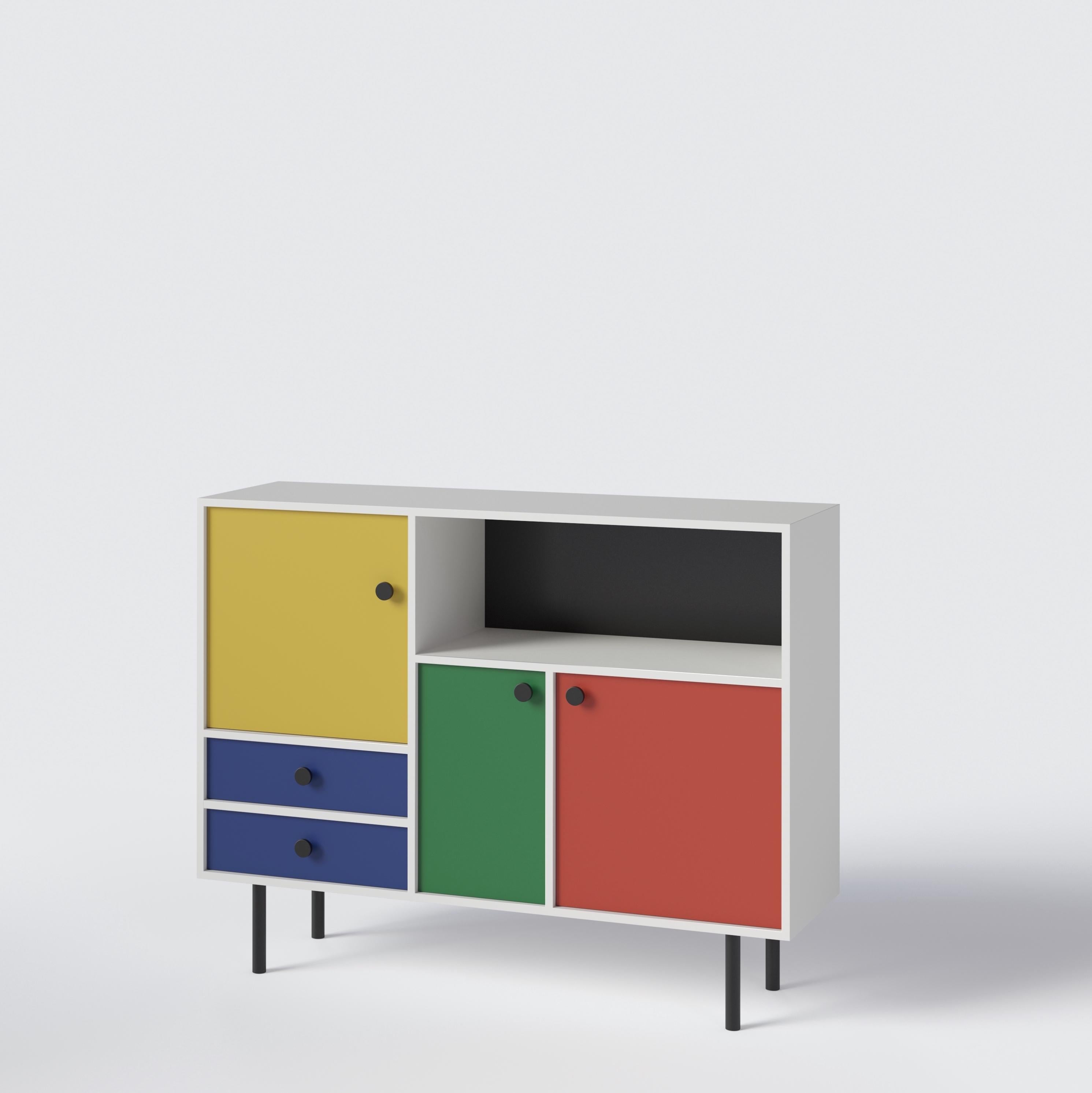 Geometric and Minimalist storage cabinet by Russian designer Dmitry Samygin. Inspired by Bauhaus style. 

High version (141cm)
Or
Low version (97cm)

Plywood
Measures: 97 x 146 x 39.5 cm

Choose your color!