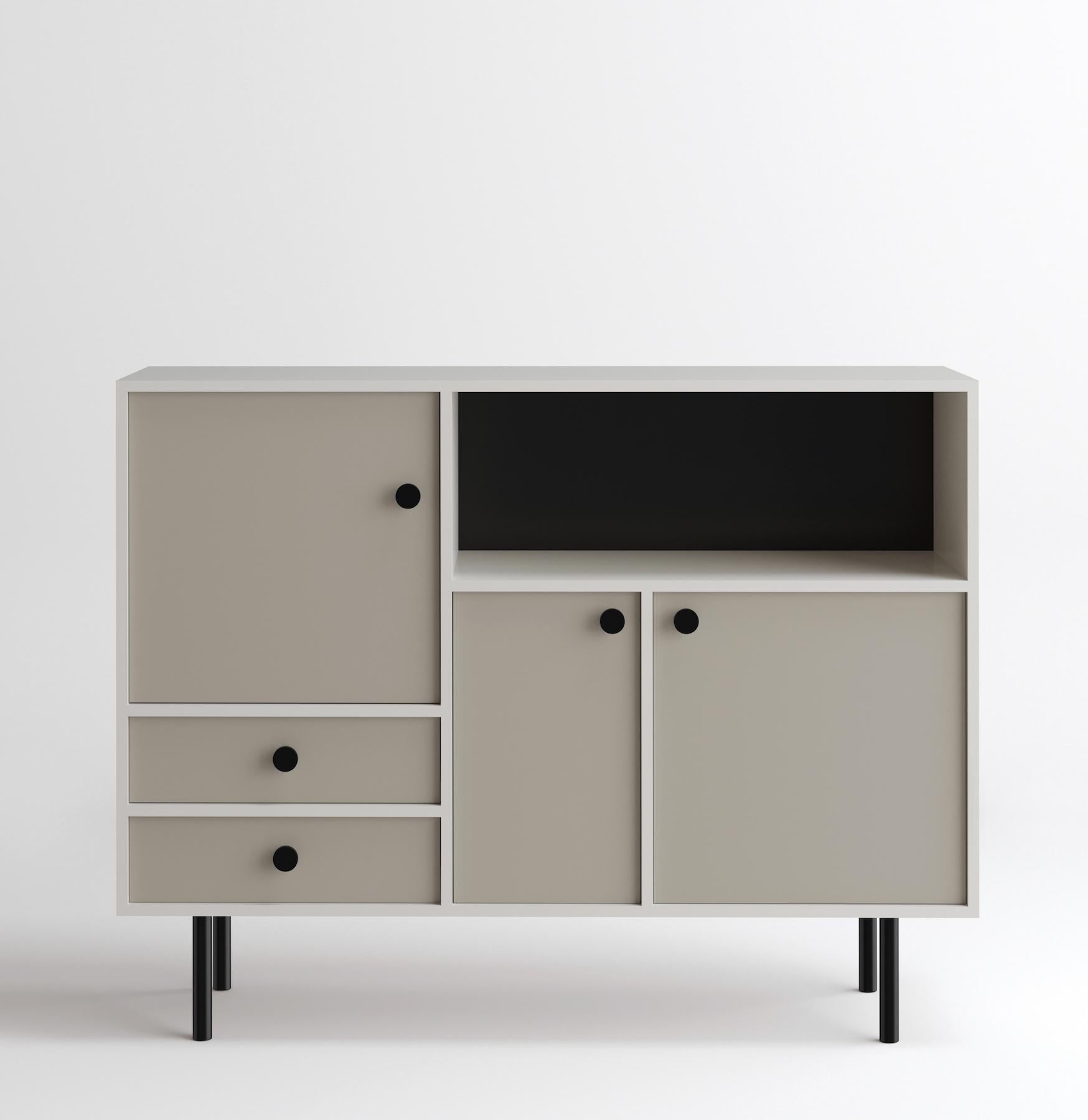 Geometric and Minimalist storage cabinet by Russian designer Dmitry Samygin. Inspired by Bauhaus style. 

High version (141cm)
Or
Low version (97cm)

Plywood
Measures: 97 x 146 x 39.5 cm

Choose your color!