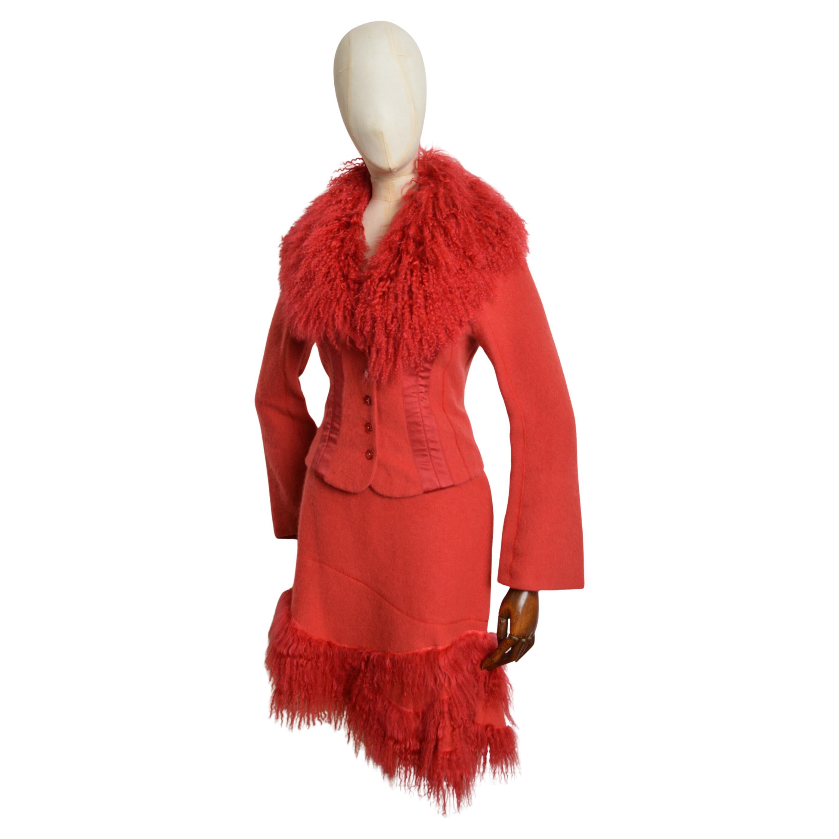 Avant Guard 2000's Cherry Red Mongolian Lamb Fitted Jacket & Skirt Suit - Alpaca