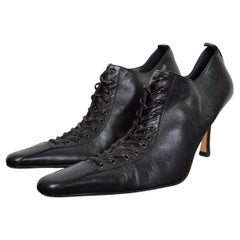 Avant Guard 2000s Pointed Lace Up Italian Artisan Black Leather Court Shoe Heels