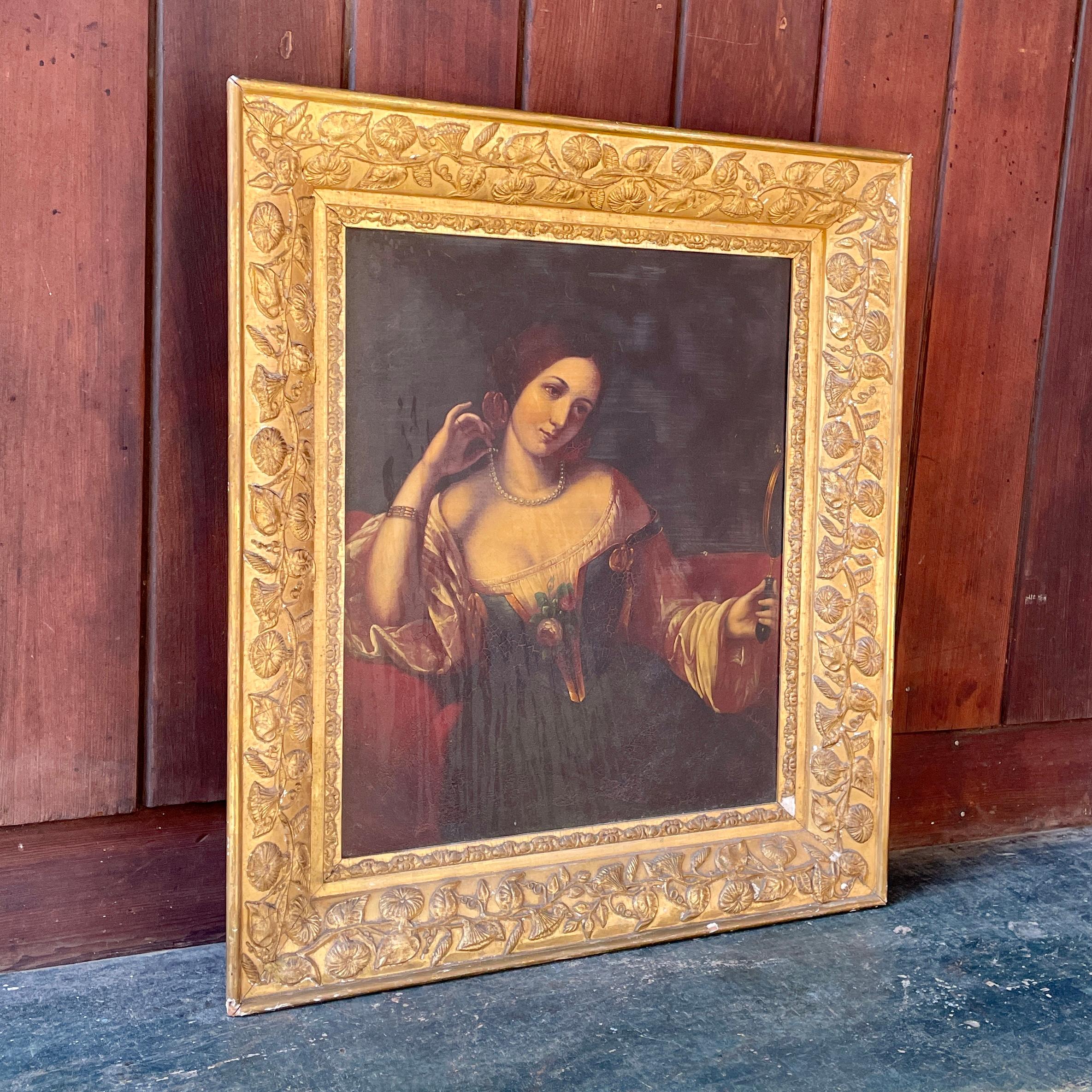 A masterful painting on tin in possibly original gilded frame, by an unknown artist.  We unfortunately have no provenance or further information. Unrestored with soiling and mostly translucent stains to surface of painting.

Frame W 22.25 x H 25.5