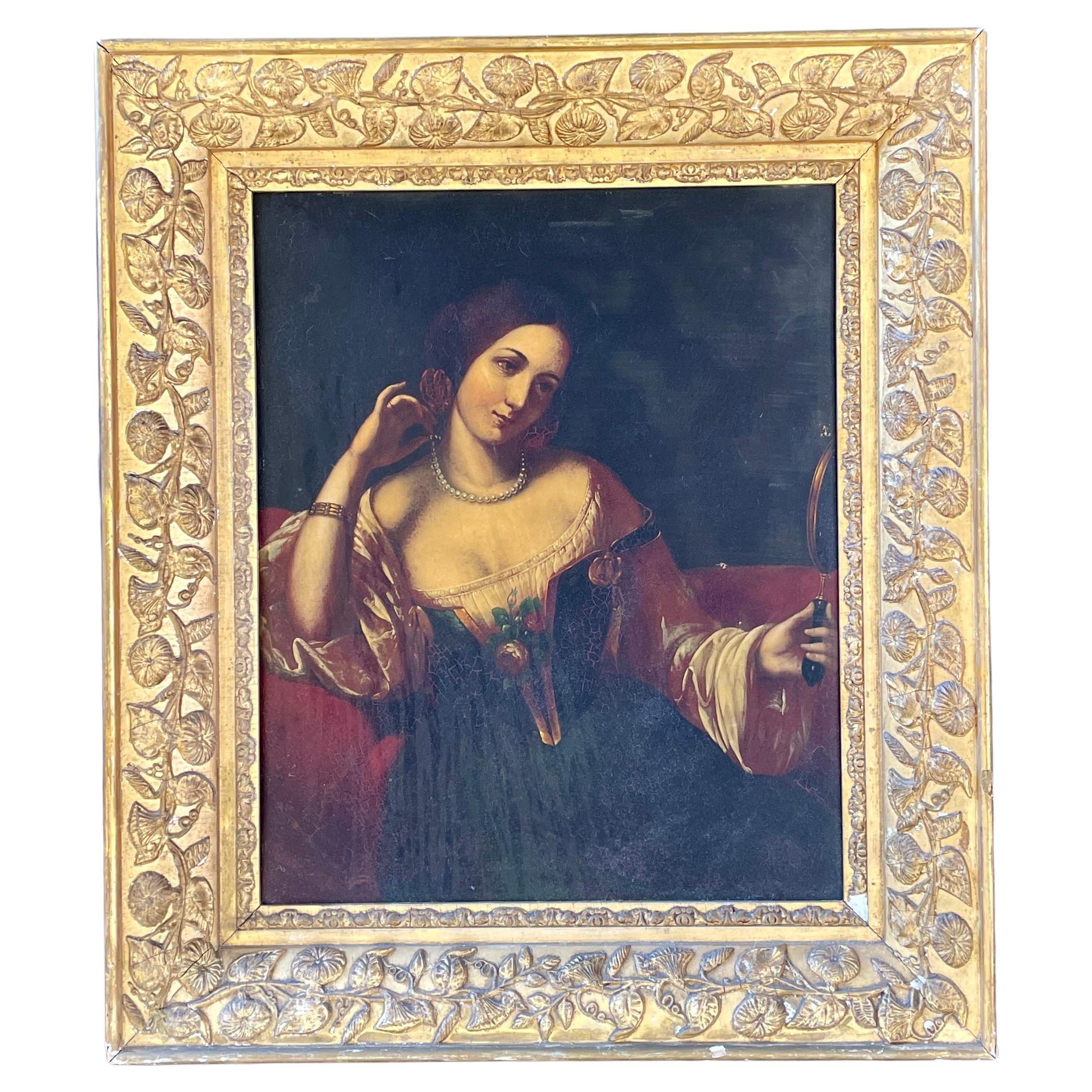 Avant le Bal Donna con specchio Ritratto Pittura a olio su latta dorata di epoca georgiana in vendita