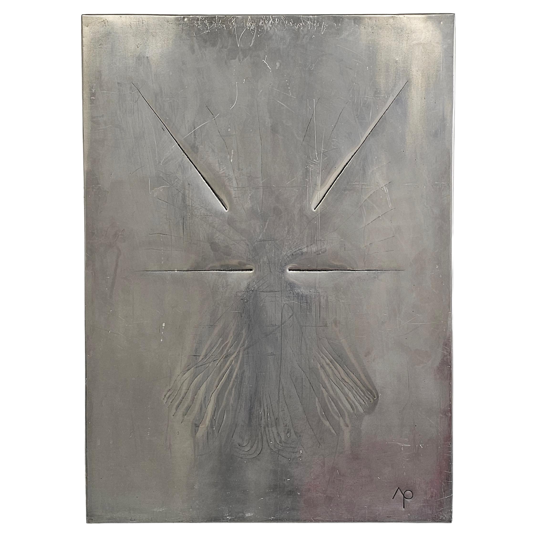 Œuvre d'art avant-gardiste réalisée sur métal par l'artiste yougoslav Ljubomir Rajcevic, 1974 en vente