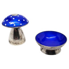 Avanti Sterling Silver Blue Enamel Mushroom Salt Shaker and Salt Bowl #19696