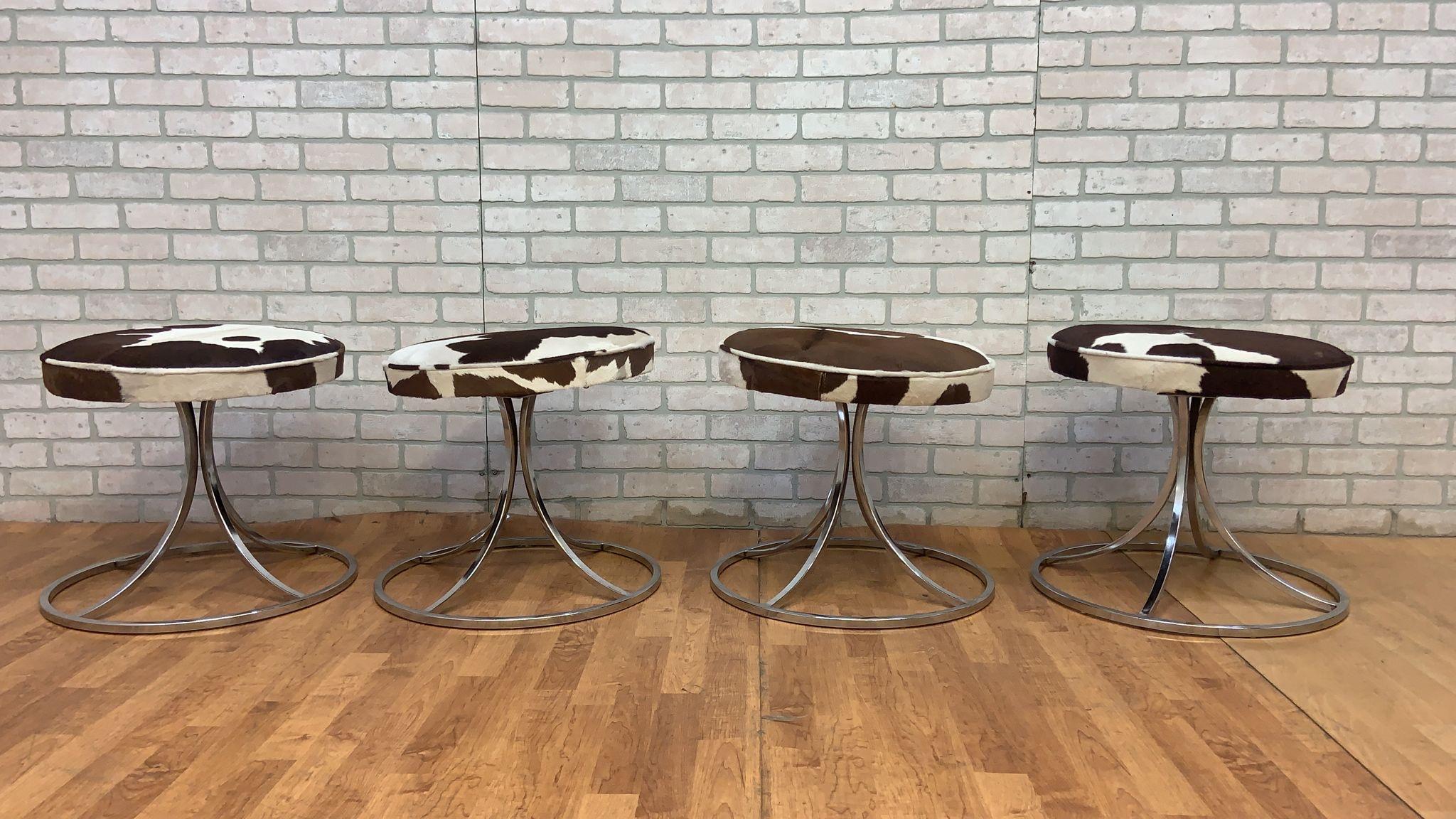 Avard Style Chrome Swivel Base Stools Newly Upholstered in Cowhide - Set of 4 For Sale 3