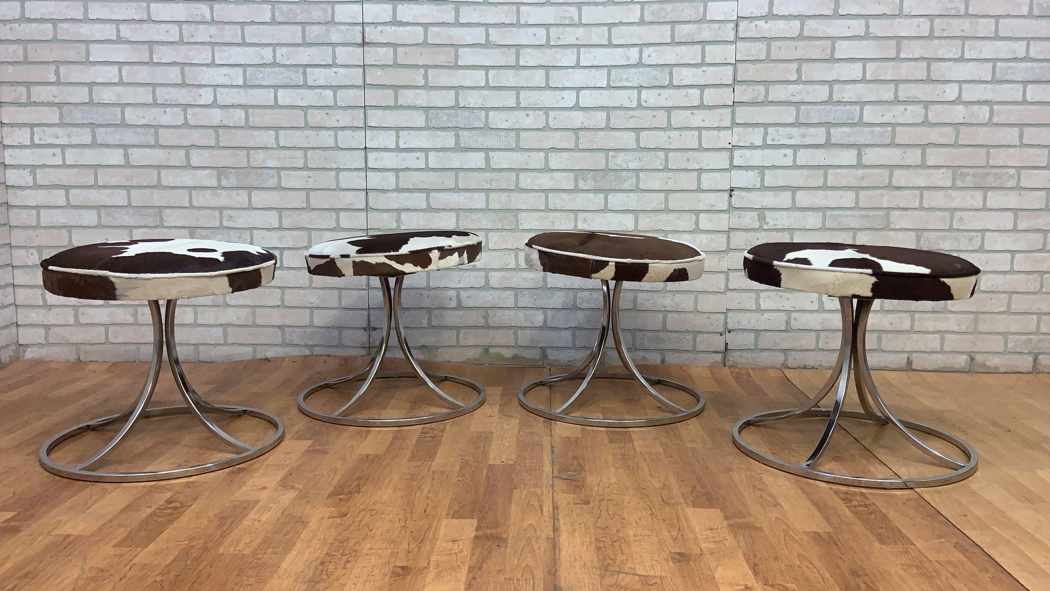 Avard Style Chrome Swivel Base Stools Newly Upholstered in Cowhide - Set of 4 For Sale 4