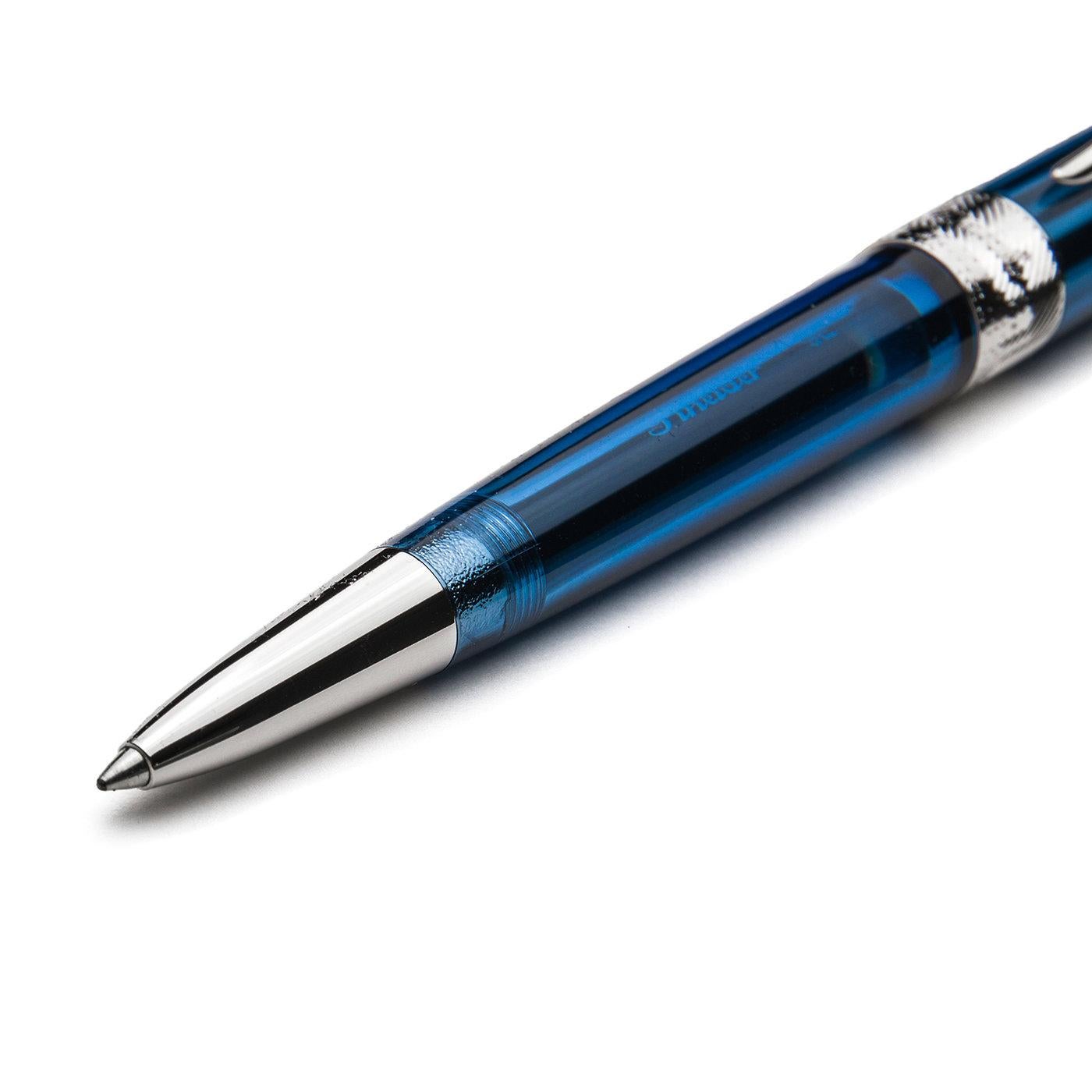 Available in multiple colors, this exclusive blue ballpoint pen captures engineering and aesthetic excellence. Its silhouette is made of perfectly interlocking parts with the use of glues and is fashioned of Ultra Resin, a material mixing nacre and