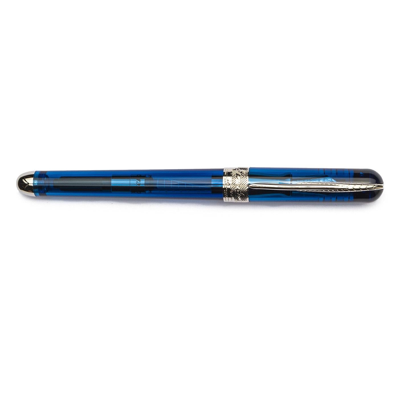 This remarkable fountain pen features a stunning demi-transparent design with an ink level gauge printed on the side of the converter to keep it monitored. It is crafted of break-resistant blue UltraResin developed by Pineider employing an