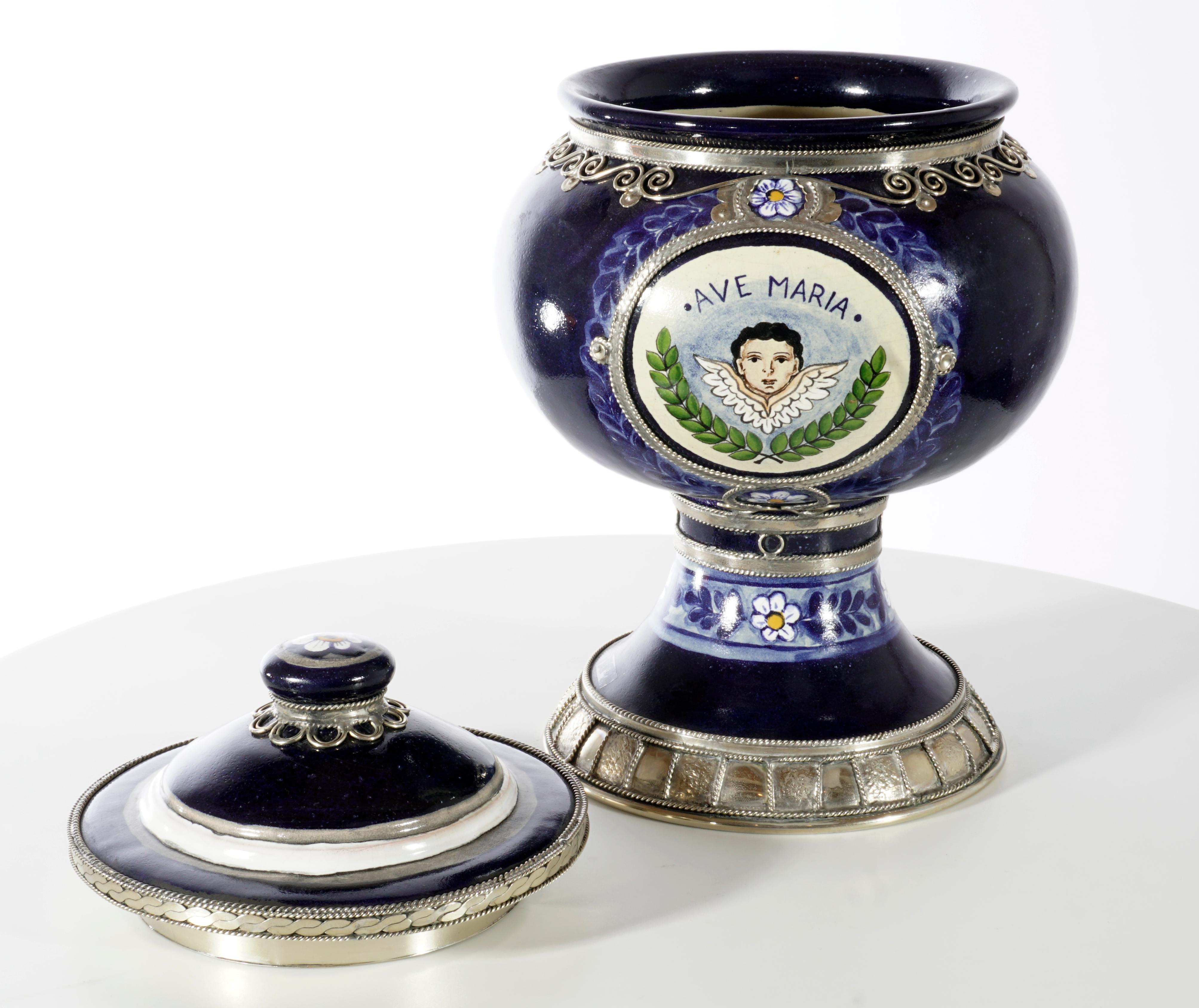 Ave Maria Jar, Ceramic and White Metal ‘Alpaca’, Handmade with Cherubs (Glasiert)