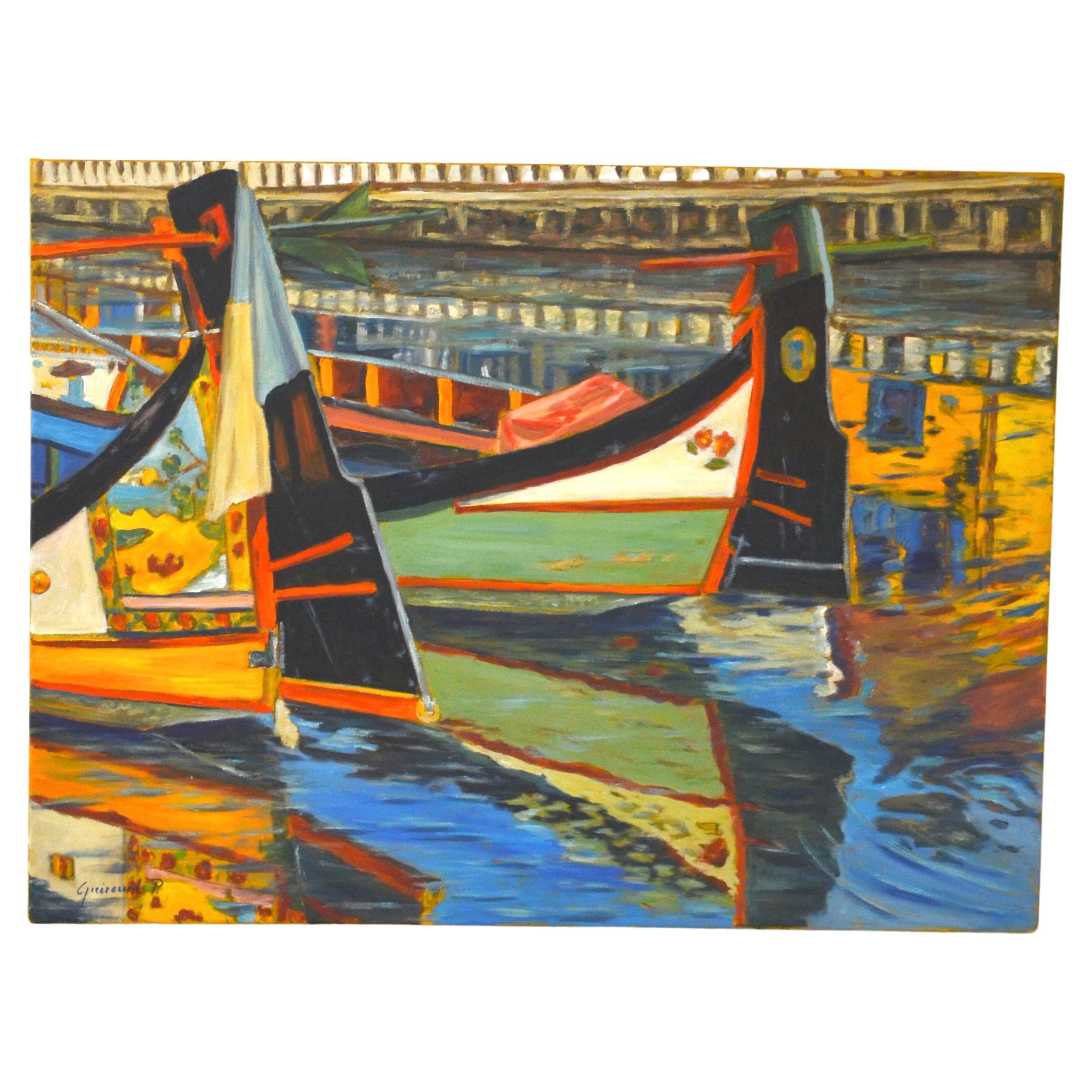 "Aveiro Moliceiros boats", Portugal, 2002, Oil Painting For Sale