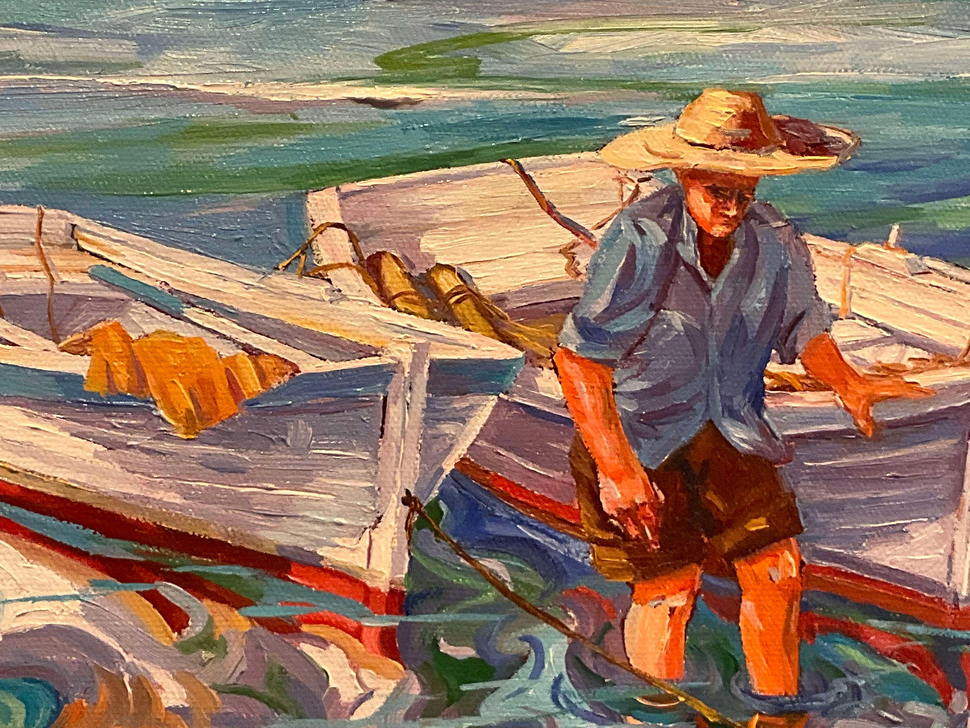 REGOGIENDO LE BARCAS - Landscape Painting Marrone di AVEL