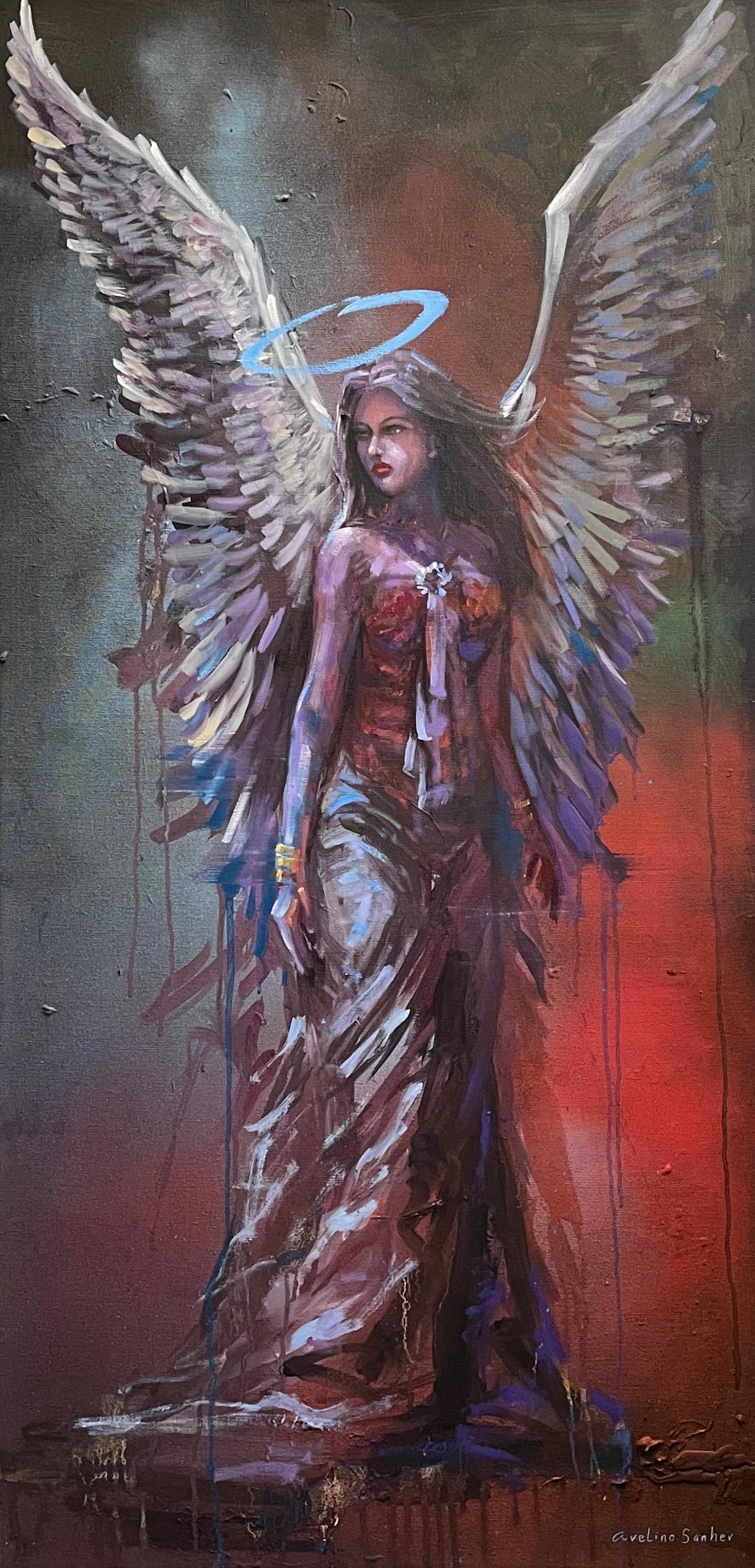 Avelino Sanher Figurative Painting - "Angel of Mercy" - 'Fallen Angel' Series - Figurative Angel Oil on Canvas 