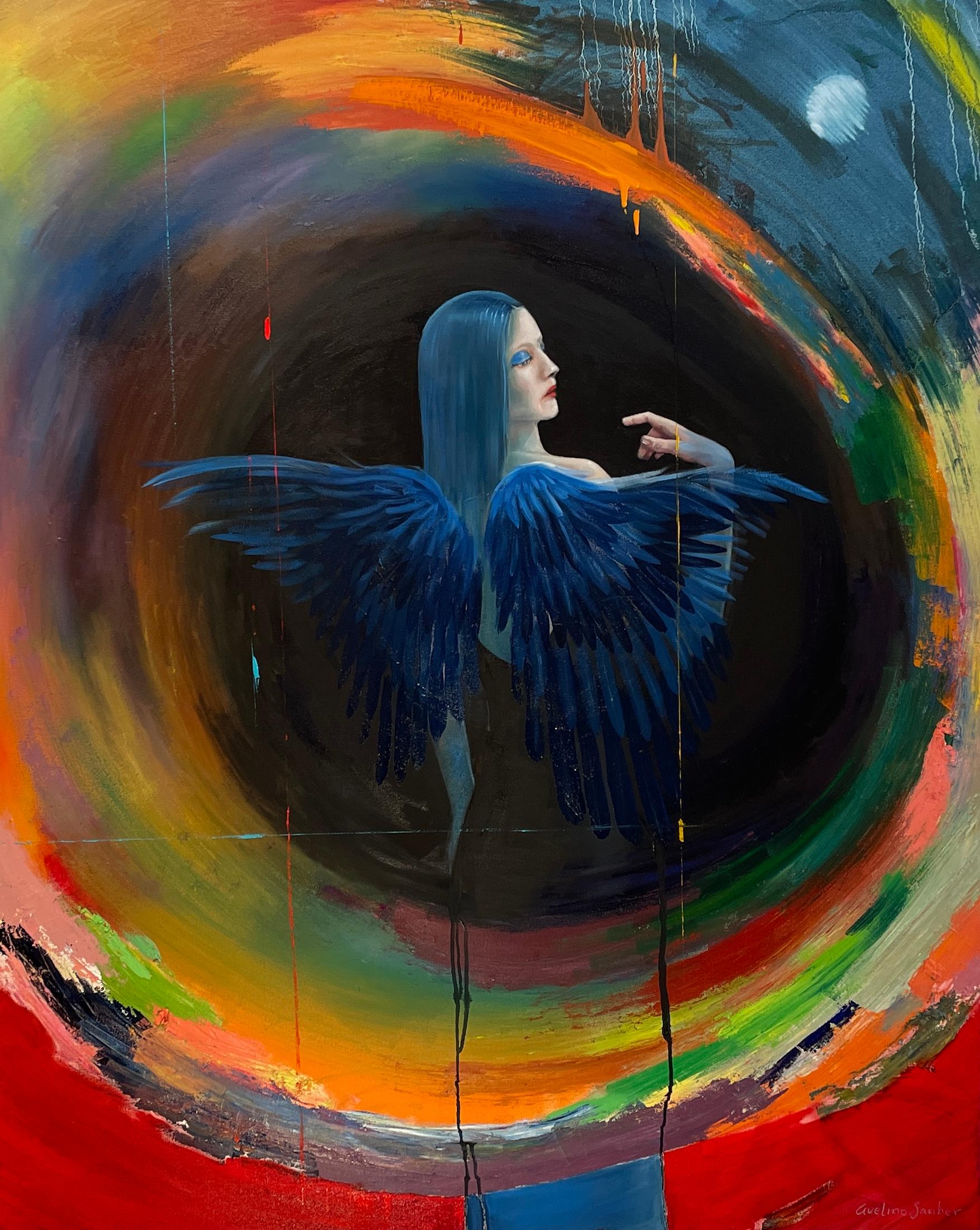 Avelino Sanher Abstract Painting – „Blue Divinity“ Fallen Angel Serie – Blauer Engel, figurativ und abstrakt, von Avelino