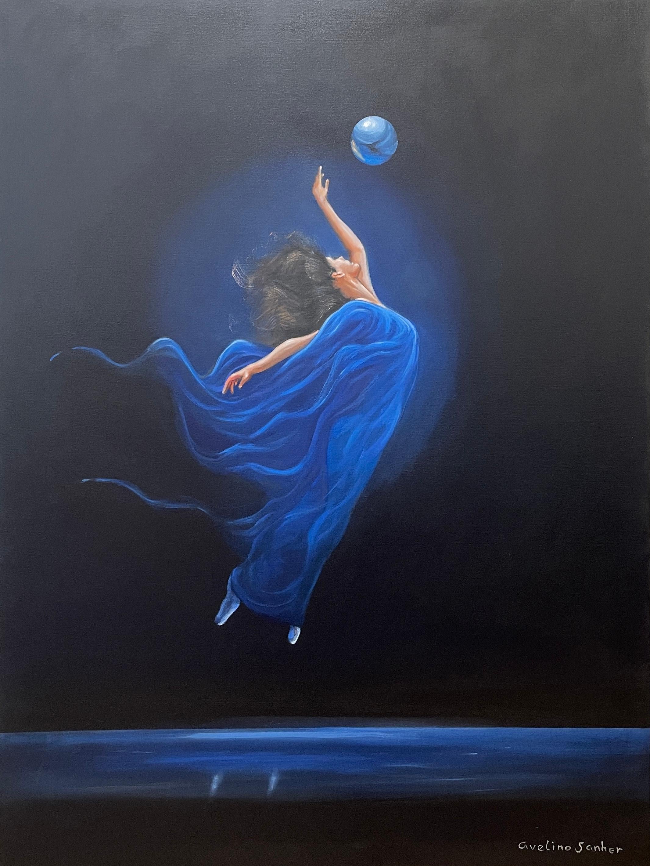 Avelino Sanher Figurative Painting - 'Melodia' - Ballerina in Blue - The Ballet Series - Figurative Oil Painting