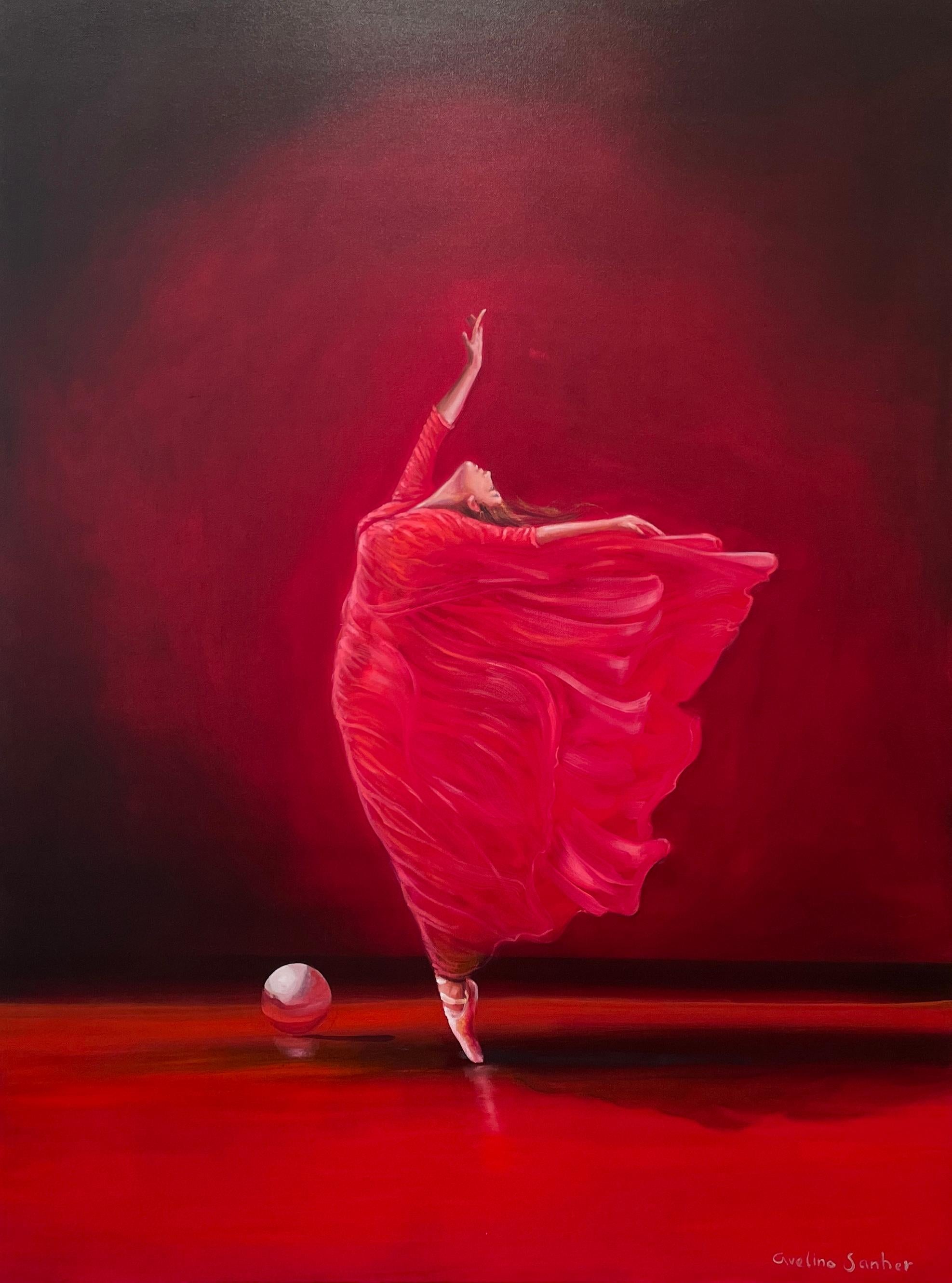 Avelino Sanher Figurative Painting - 'Passione' - Ballerina in Red - The Ballet Series - Figurative Oil Painting