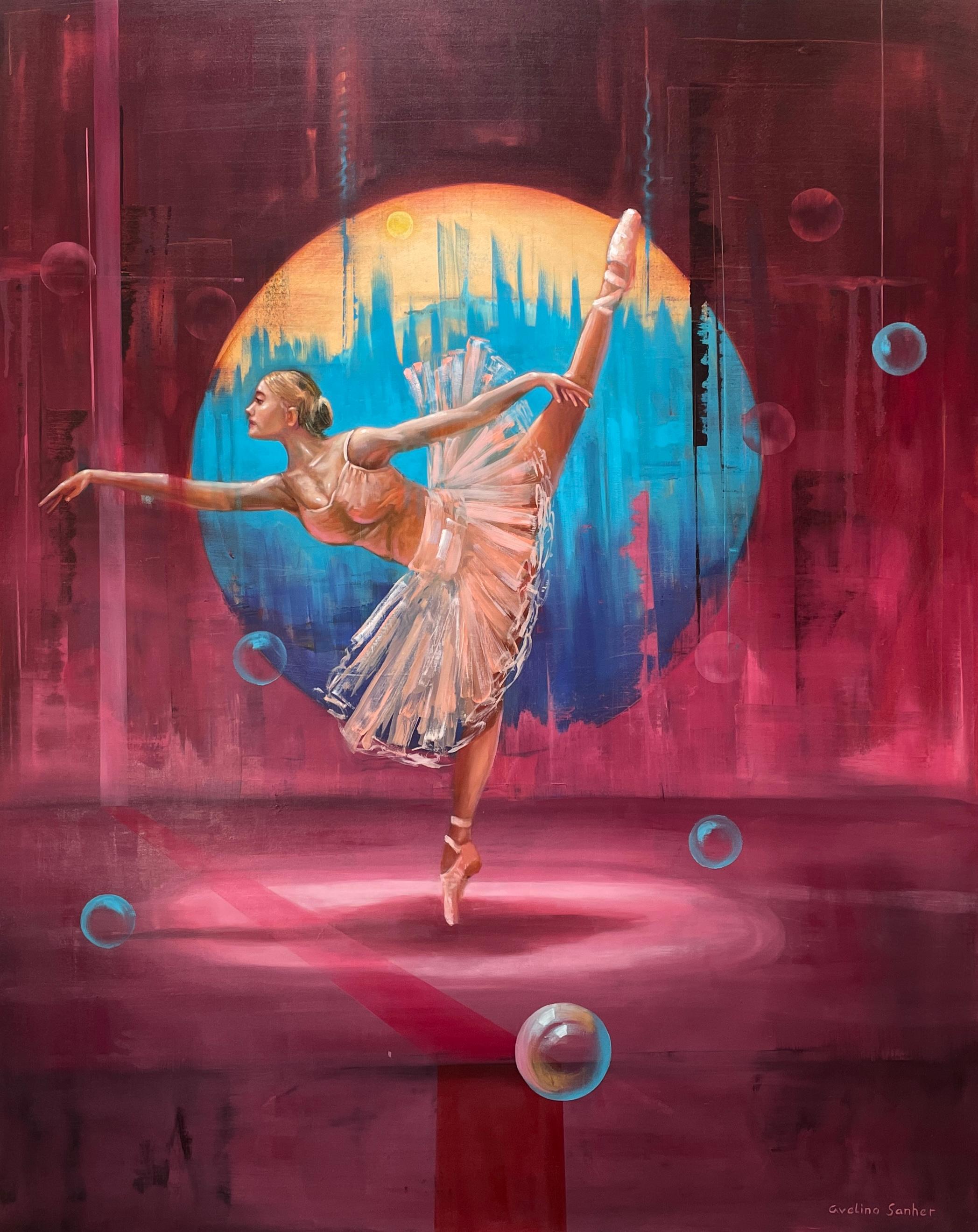 Avelino Sanher Figurative Painting - 'Rifletorre' - Lively Vibrant Ballet Dancer - Contemporary Figurative Abstract