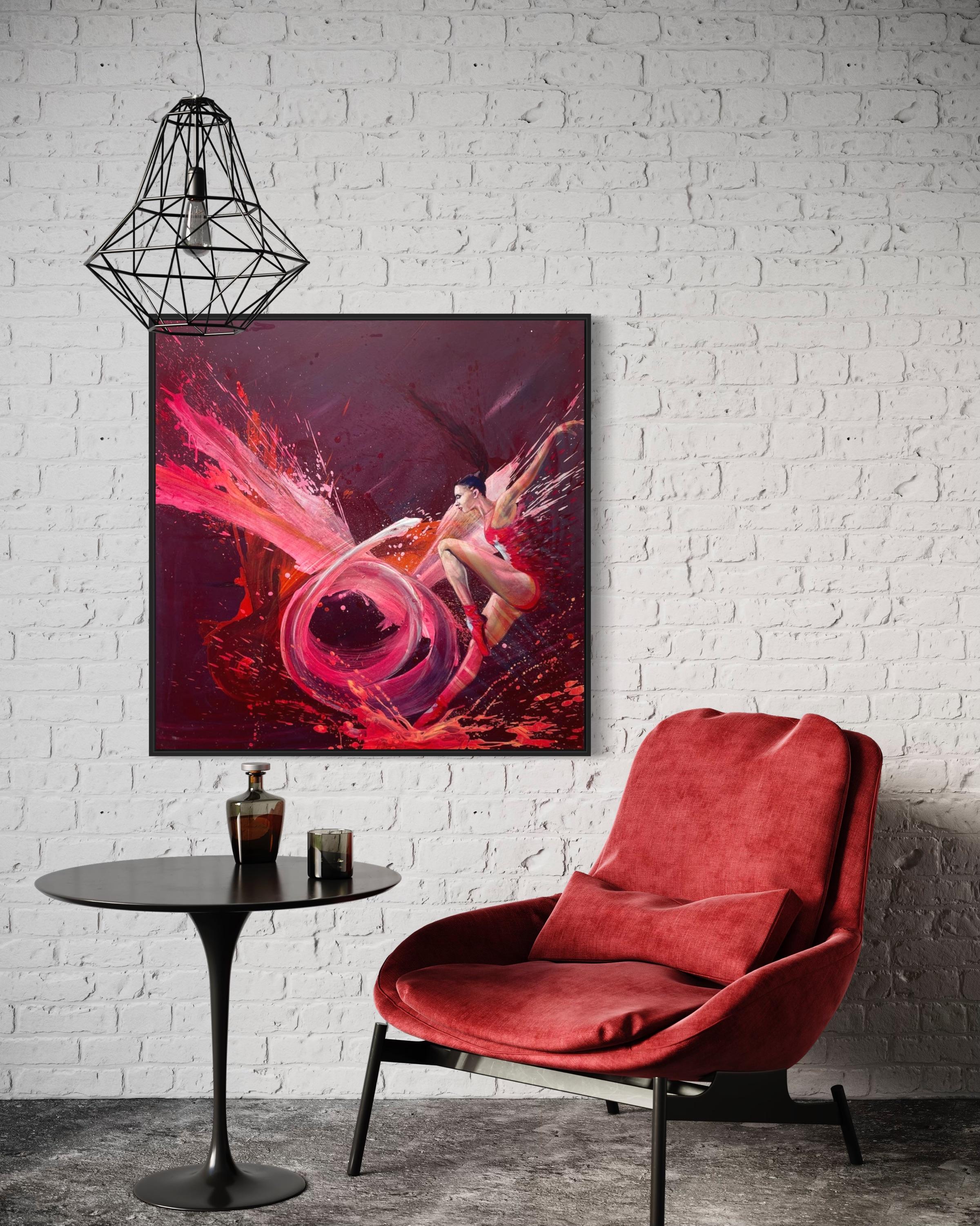'La Ballerina' - Figurativa contemporanea in bianco e rosso - Ballerina che danza - Painting di Avelino Sanher