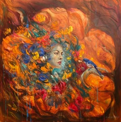 "The Cardinal and Her Flowers" by Avelino S. - Orange and Earth Tone Modern Art