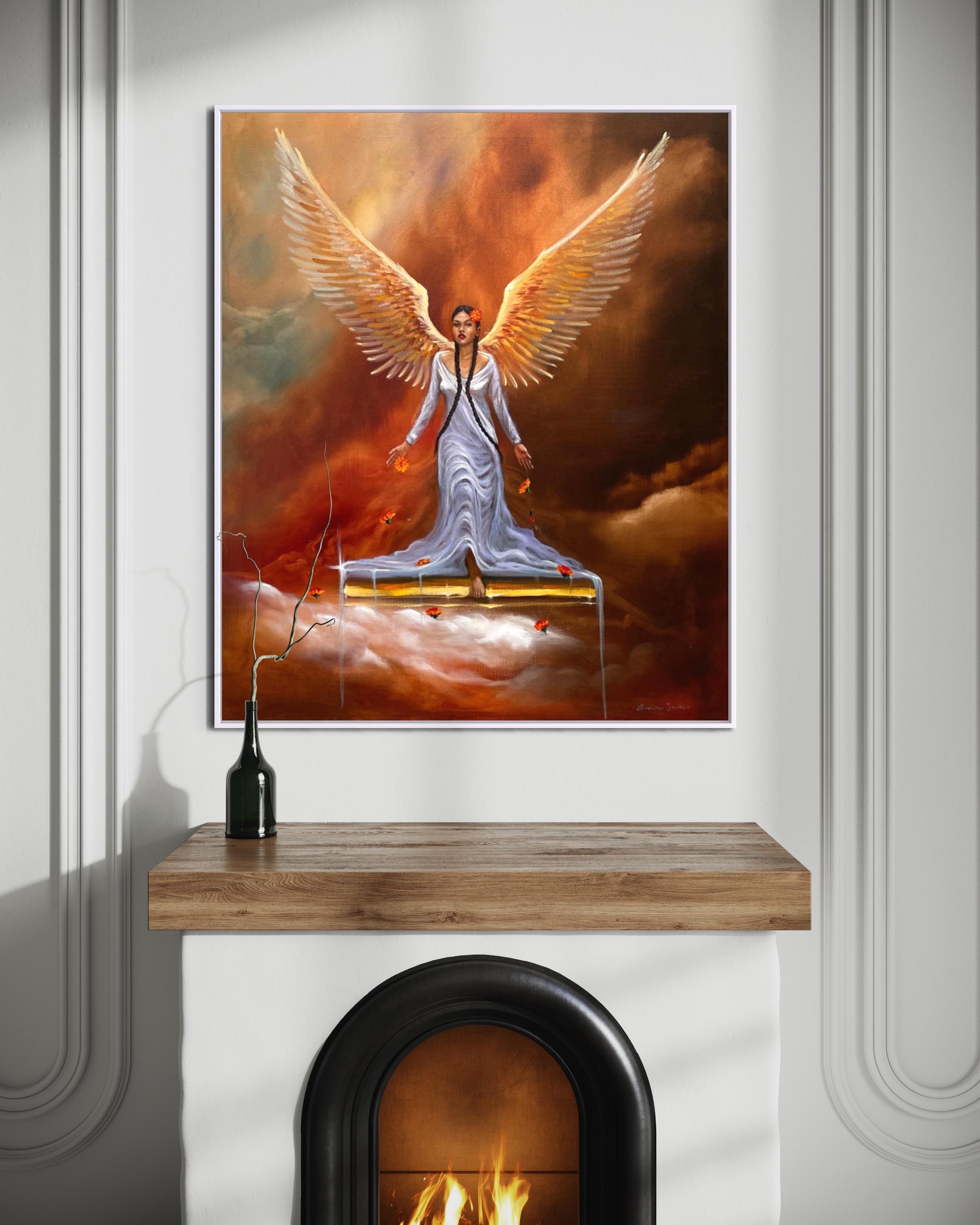 „The Descent“ – Fallen Angel Series – Moderne junge Frau, figuratives Ölgemälde, Ölgemälde  – Painting von Avelino Sanher