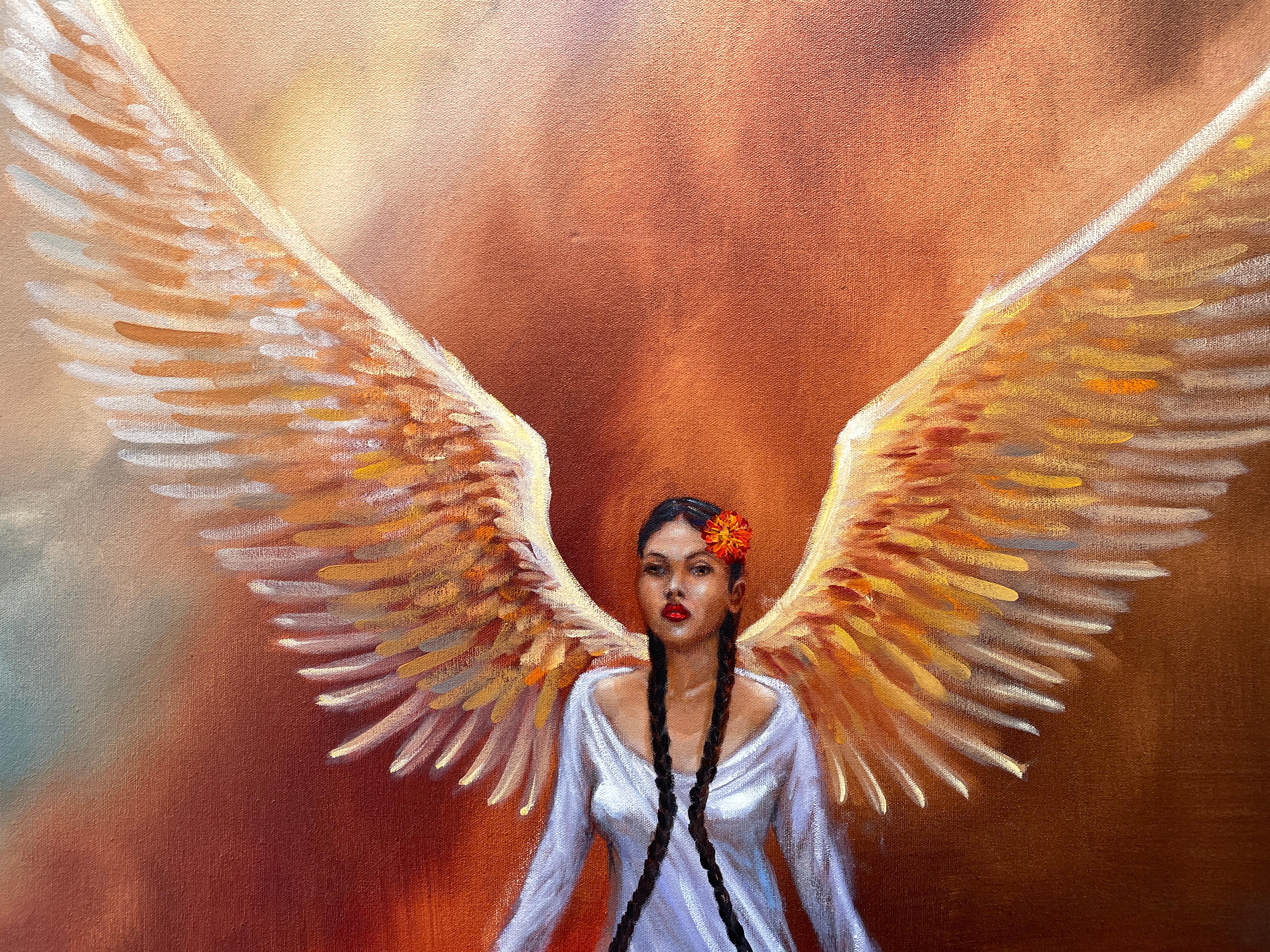 „The Descent“ – Fallen Angel Series – Moderne junge Frau, figuratives Ölgemälde, Ölgemälde  im Angebot 1