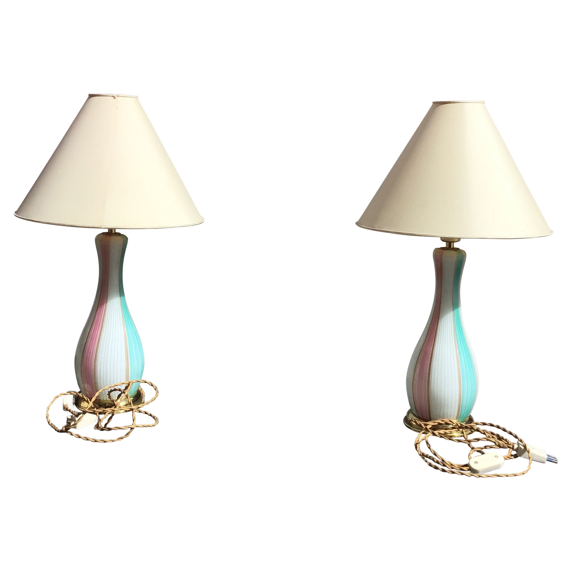 VENINI Paar Tischlampen aus Muranoglas Goldeinschlüsse Messing