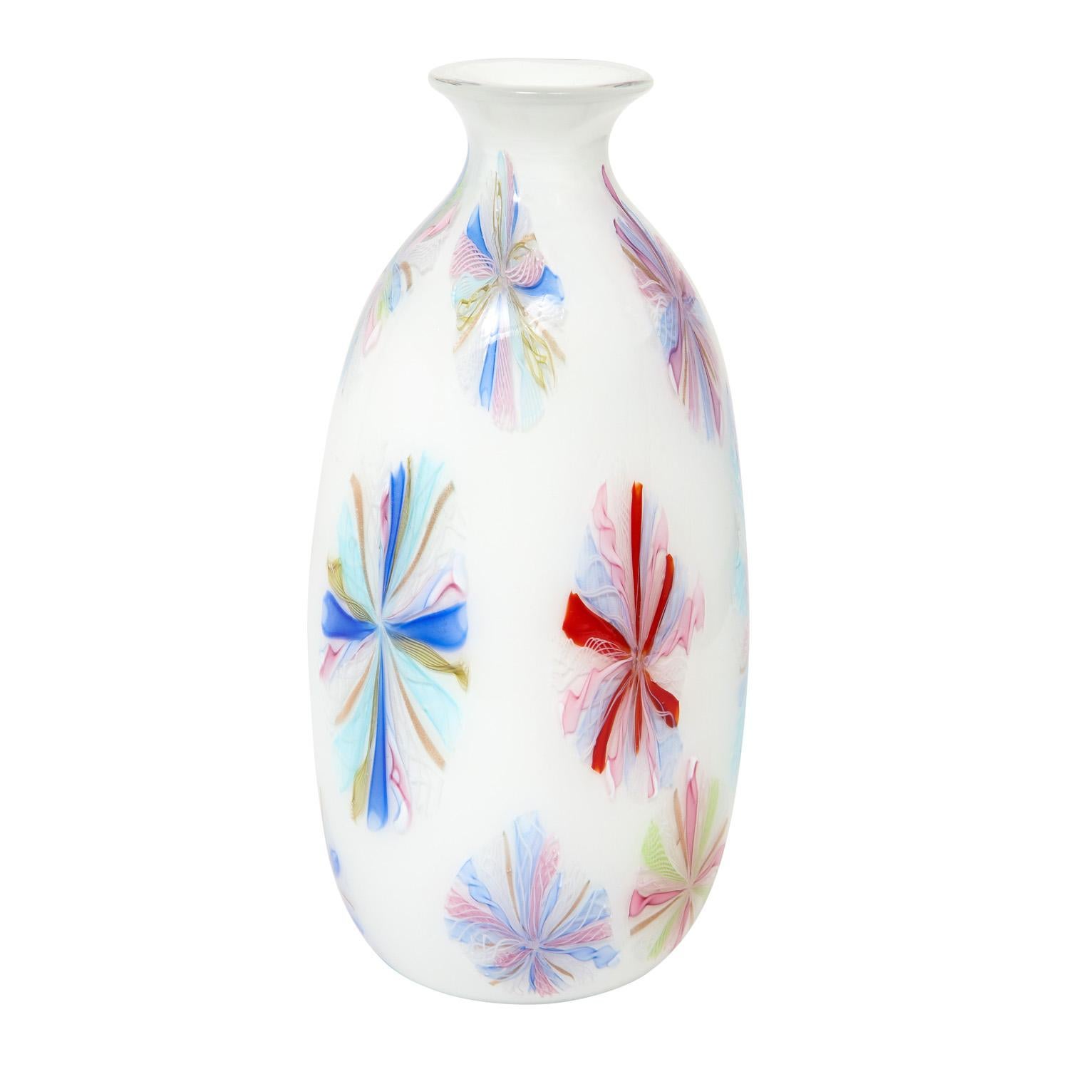 Large hand-blown glass vase, colorful starburst murrhines over white glass, by Arte Vetraria Muranese or A.V.E.M., Murano Italy, 1950's. This vase is like a jewel.