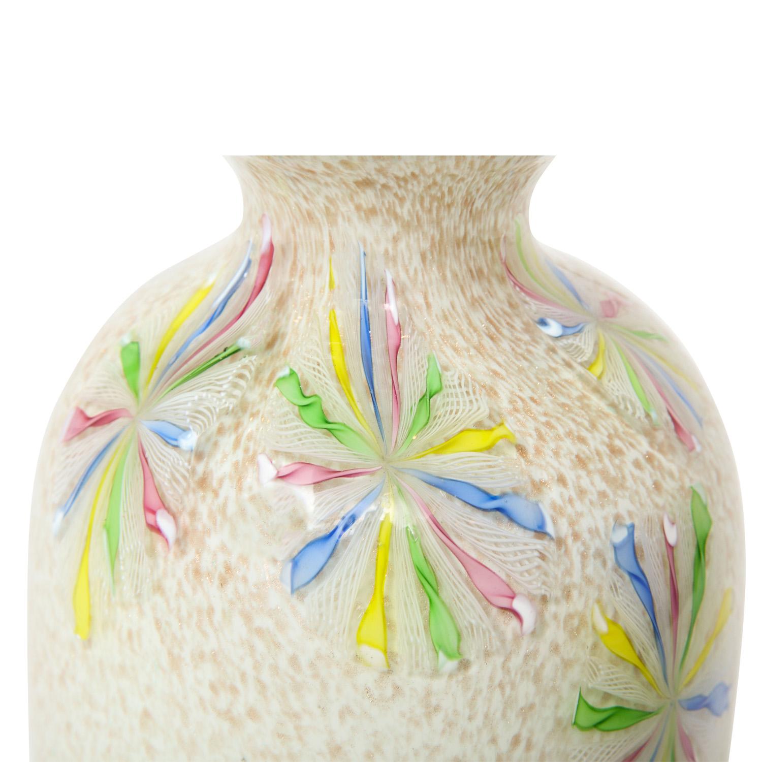 Mid-Century Modern A.V.E.M. Hand Blown Glass Vase with Colorful Starburst Murrhines, 1950s For Sale