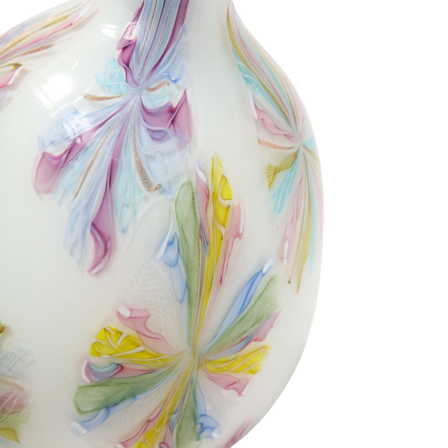 Italian A.V.E.M Hand Blown Glass Vase with Colorful Starburst Murrhines, 1950s For Sale