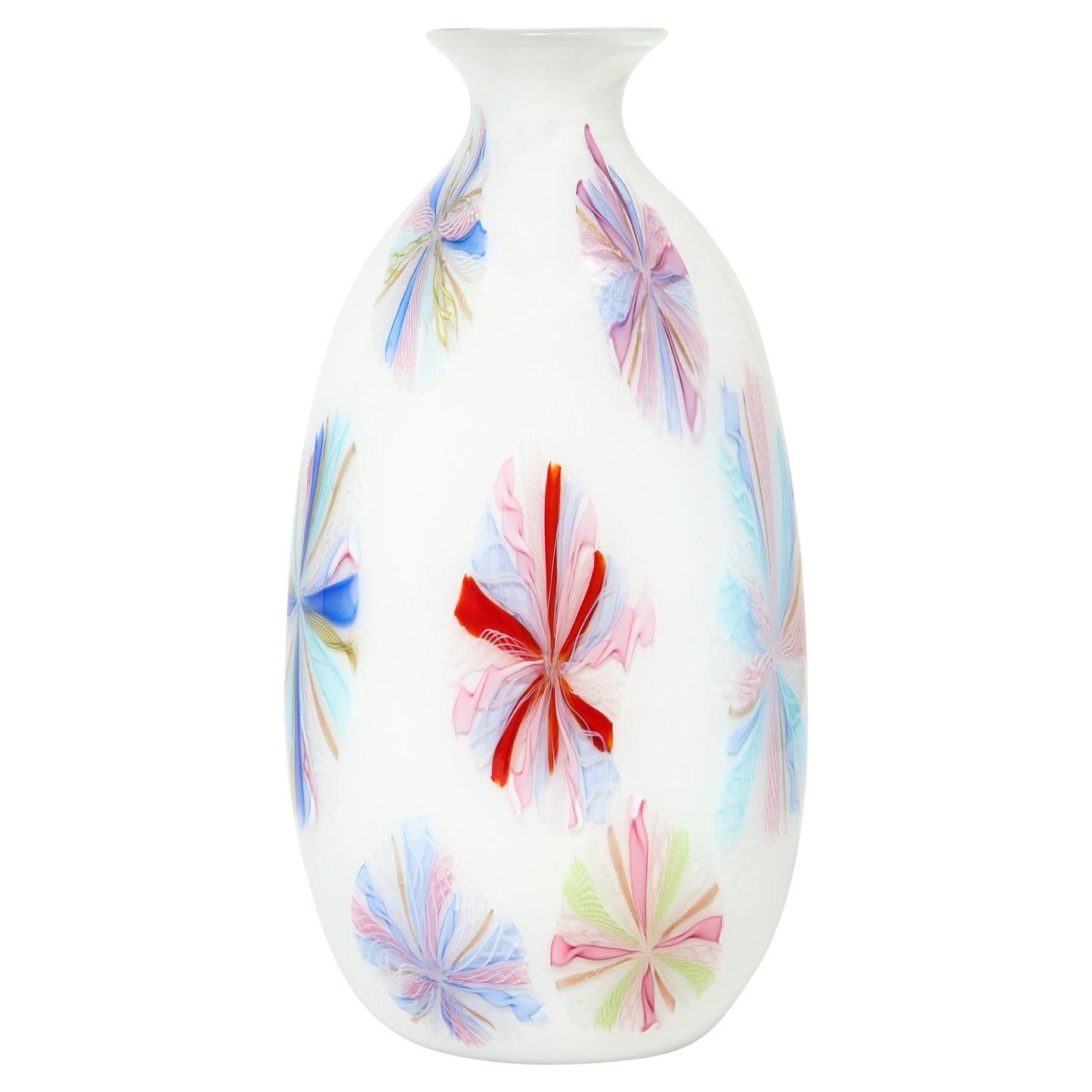A.V.E.M. Hand Blown Glass Vase with Colorful Starburst Murrhines, 1950s For Sale