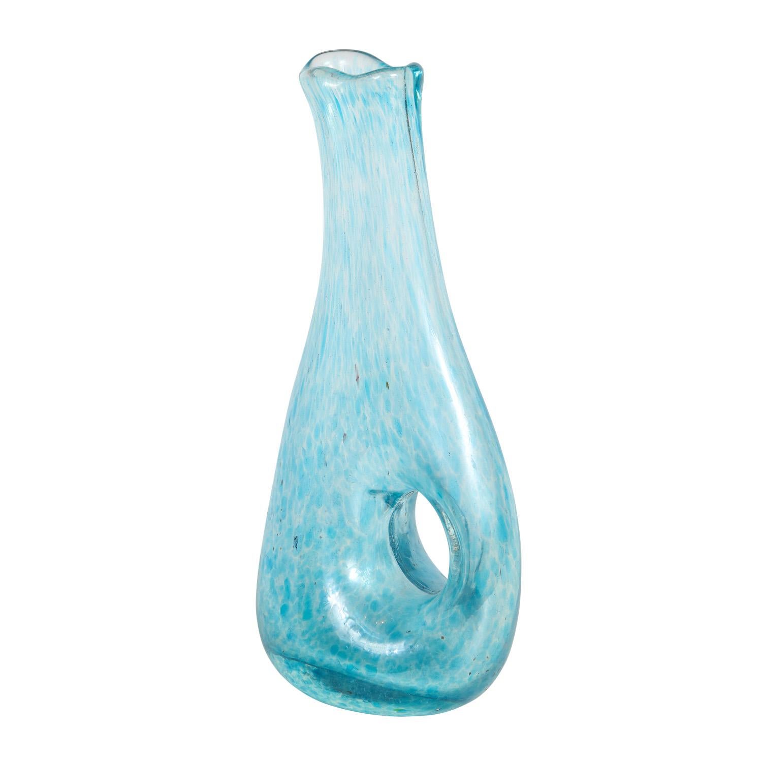 Hand blown glass vase with blue glass fragments, iridized with hole in the middle, by Arte Vetraria Muranese (A.V.E.M.), Murano Italy 1950's. The visual effects of the glass fragments are quite stunning. In the 1950’s with the sculptures of artists
