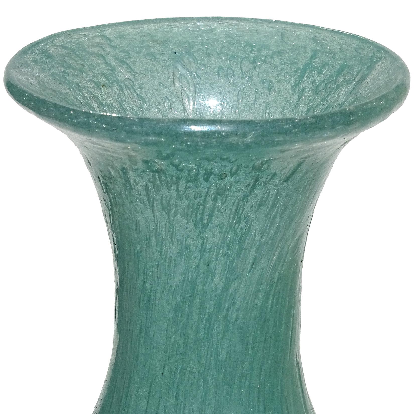 A.Ve.M. Murano 1932 Teal Green Pulegoso Bubbles Italienische Kunstglas Blumenvase (Art déco) im Angebot