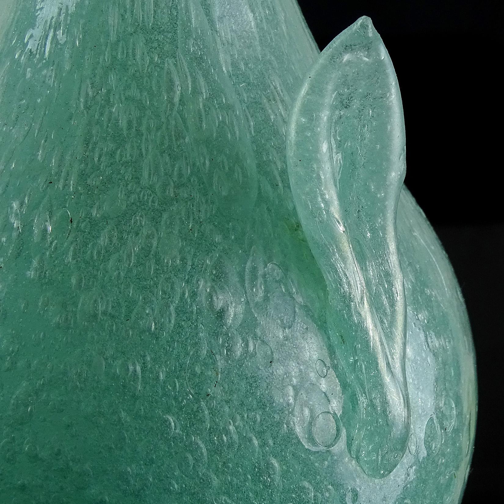 Art Deco A.Ve.M. Murano 1932 Teal Green Pulegoso Bubbles Italian Art Glass Flower Vase For Sale