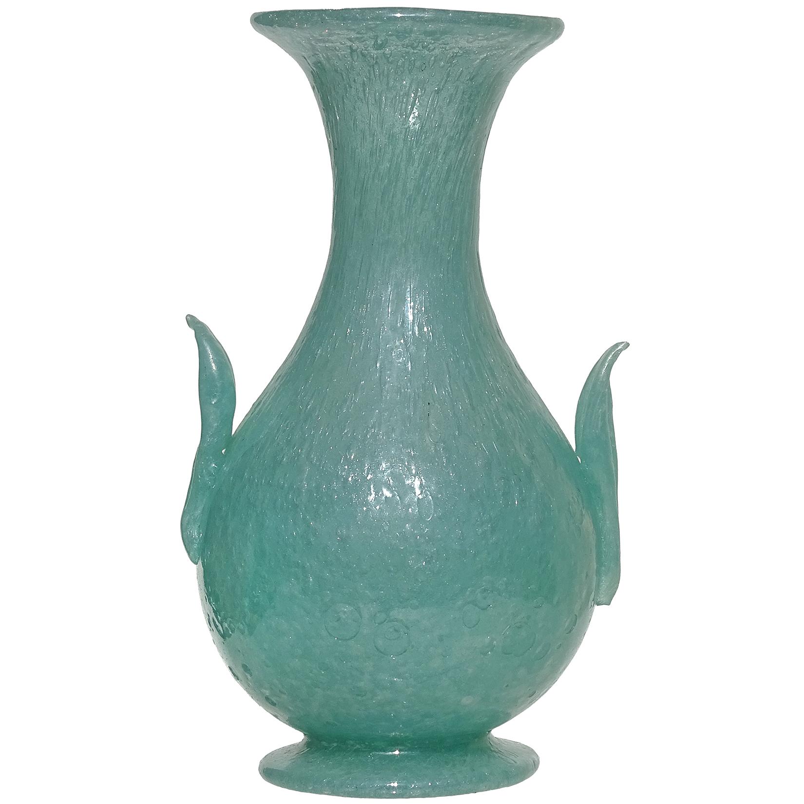 A.Ve.M. Murano 1932 Teal Green Pulegoso Bubbles Italian Art Glass Flower Vase